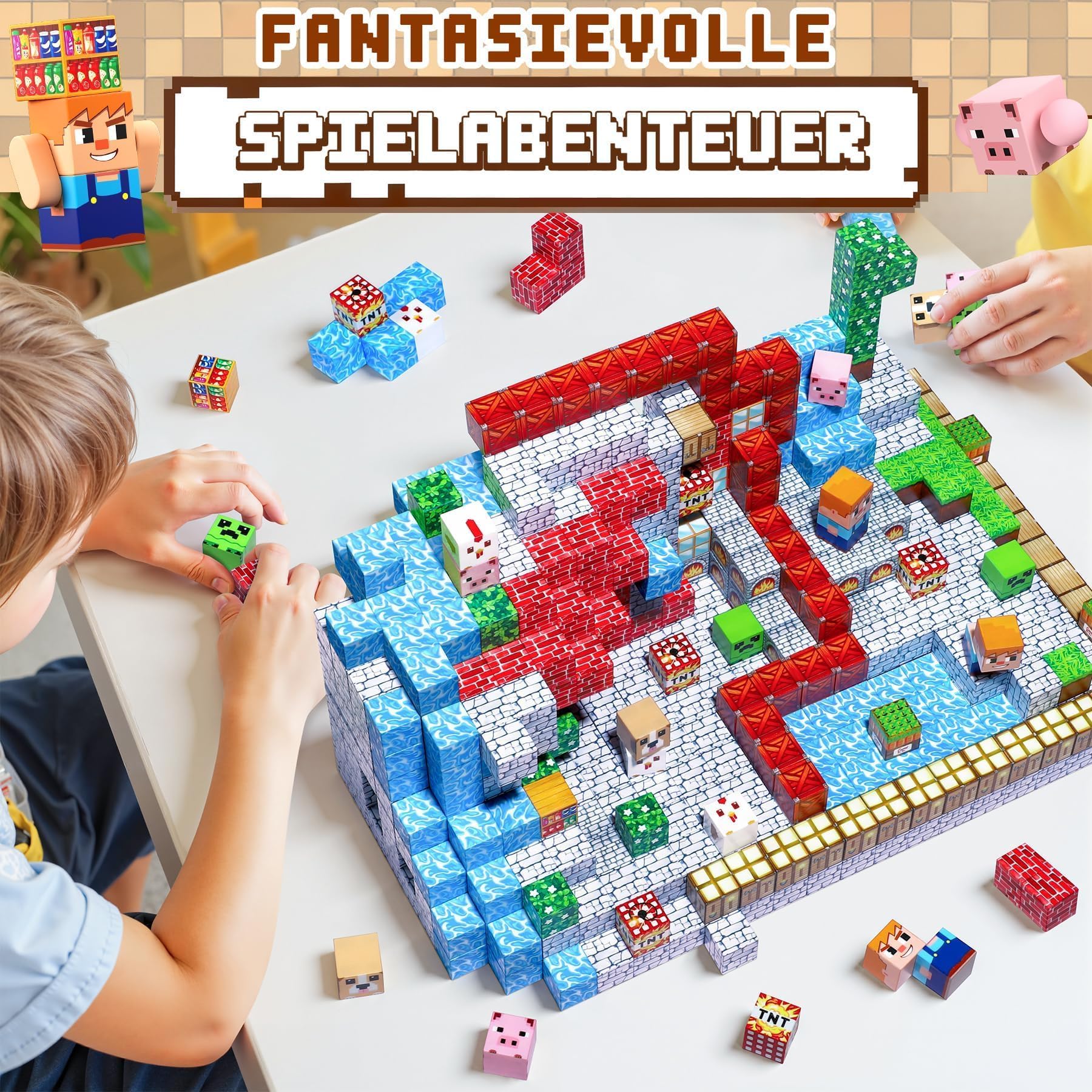 Pourbibi Magnetische Bausteine, Magnetbausteine Reiseset Magnetspielzeug,108 Teile Magnetische Bauwelt Spielzeug Magnetblöcke für Kinder ab 3 4 5 6 7 8 9 10 Jahre,Baue Mine Magnet Welt,Professioneller