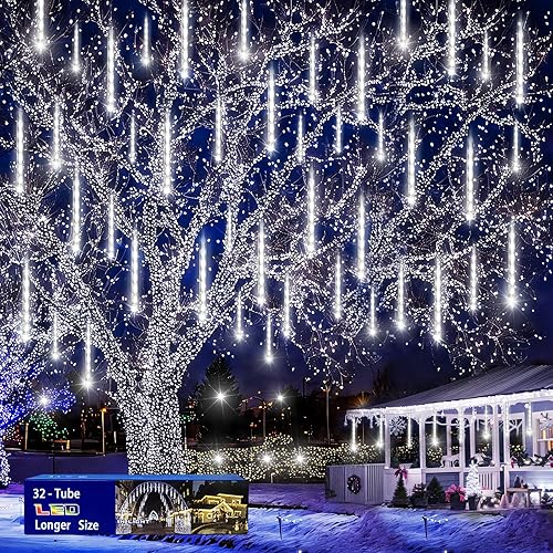 Miniatura 13 de Luces de Navidad para exteriores, 32 tubos (equivalente a 4 juegos de 8 tubos), luces de lluvia de meteoritos – Luz de carámbano de Navidad azul