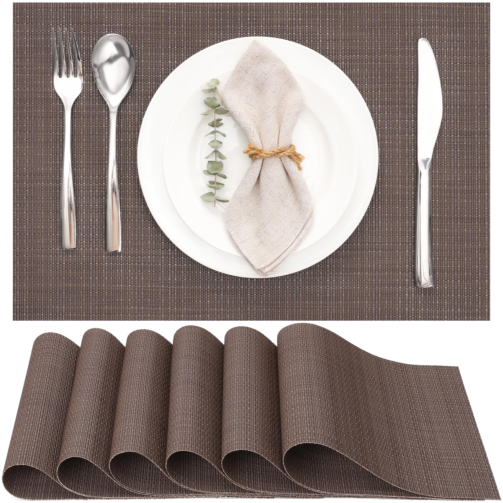 Myir Jun Coffee Table Mats Set Of 6, Place Mats Table Placemats Washable Non-Slip Heat Insulation Woven Vinyl For Kitchen Dinning Restaurant 17"X12" (Coffee)