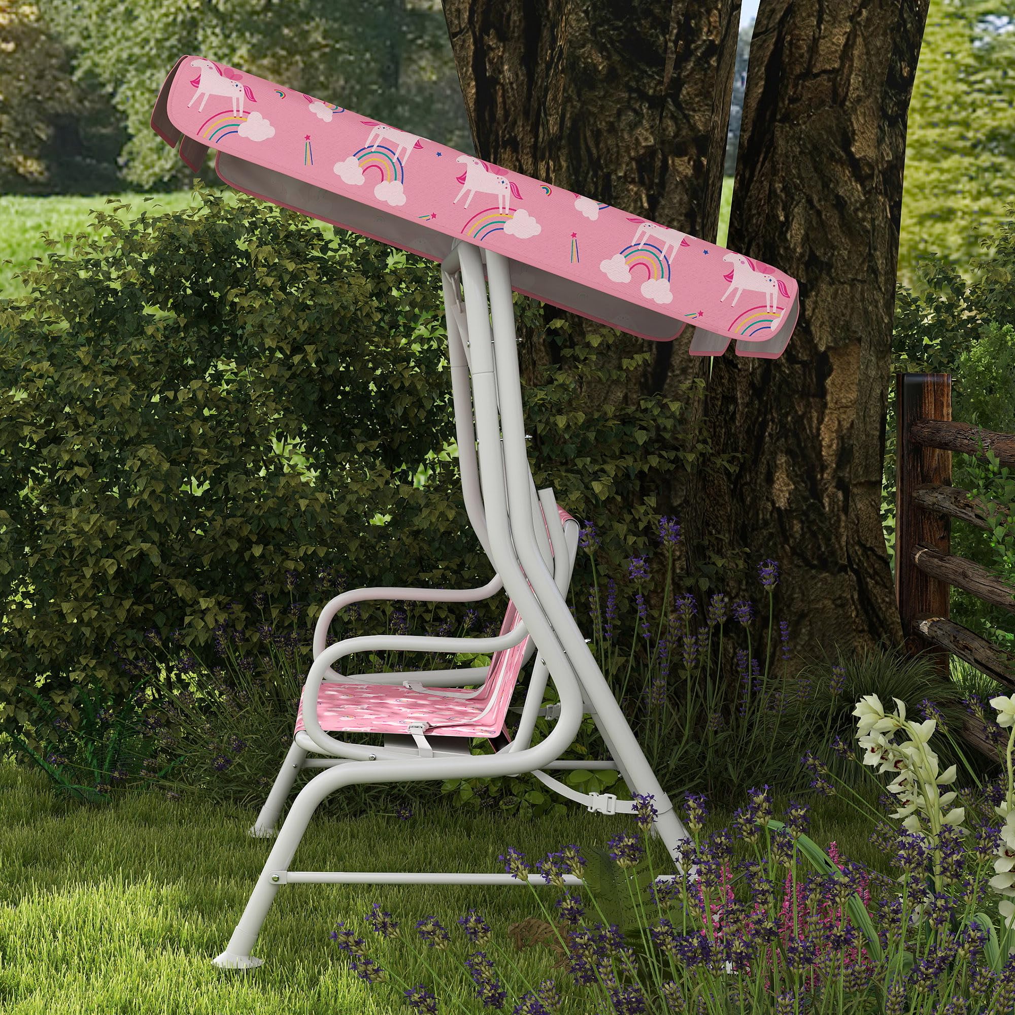 AIYAPLAY Columpio de Jardín Exterior para Niños de 2 Plazas, Balancín de Jardín, Toldo Ajustable, con Cinturones de Seguridad, Diseño de Unicornio y Arcoíris, para Interior, Patio, 112x75x120 cm, Rosa