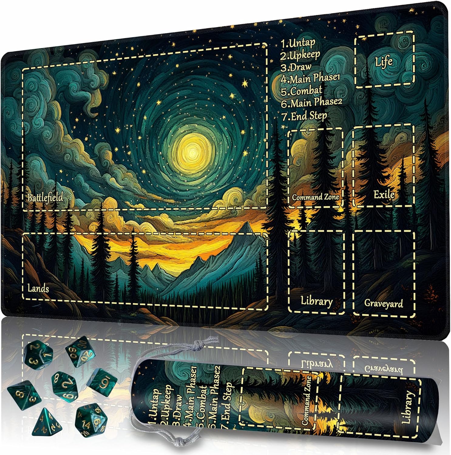 Playmat MTG TCG DND with Storage Bag & 7 Dice Premium Edge-Locking Design Play Mat with Zones for Magic Playmat Gaming Mat (Autumn Village, 24x14 inch with Zone)