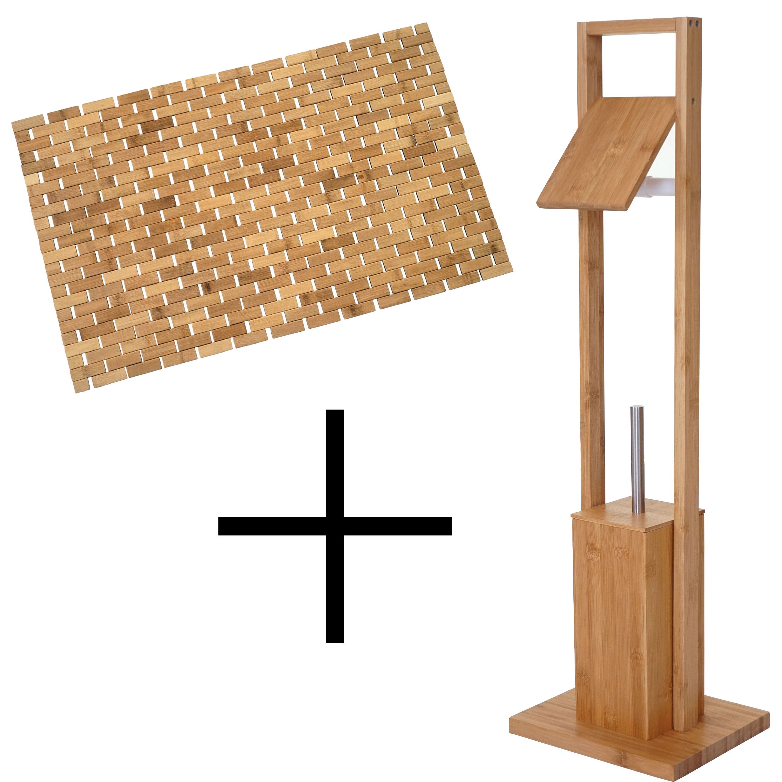 Mendler HWC-B18 - Juego de soporte para papel higiénico y alfombrilla de baño (bambú) | Alfombrilla de baño, muebles de baño, set de baño