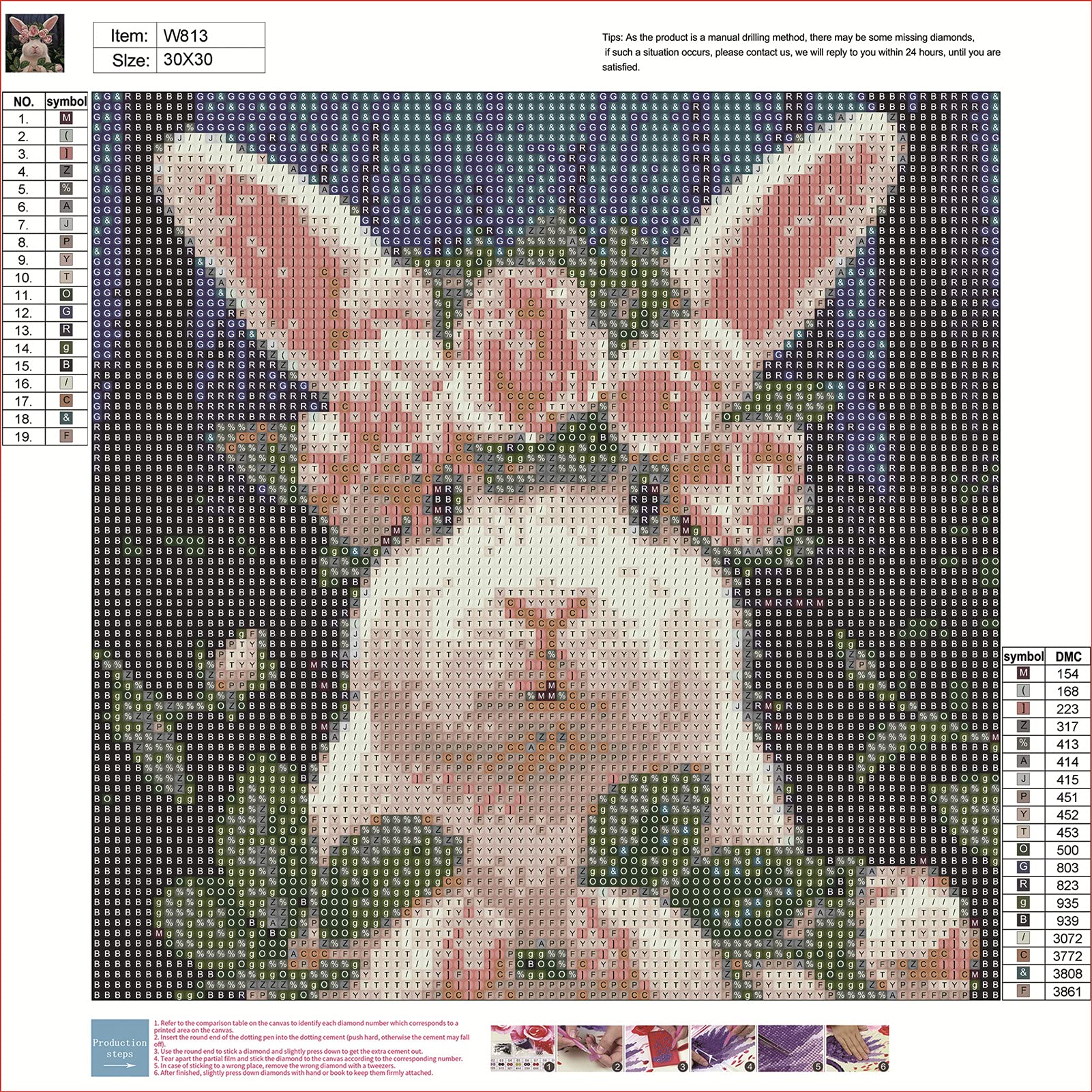 WOWDECOR Kit Diamond Painting 5D Completo – Coniglietto Bianco E Rosa Con Fiori, Tela 30x40 Cm, Strass Rotondi, Per Adulti E Bambini
