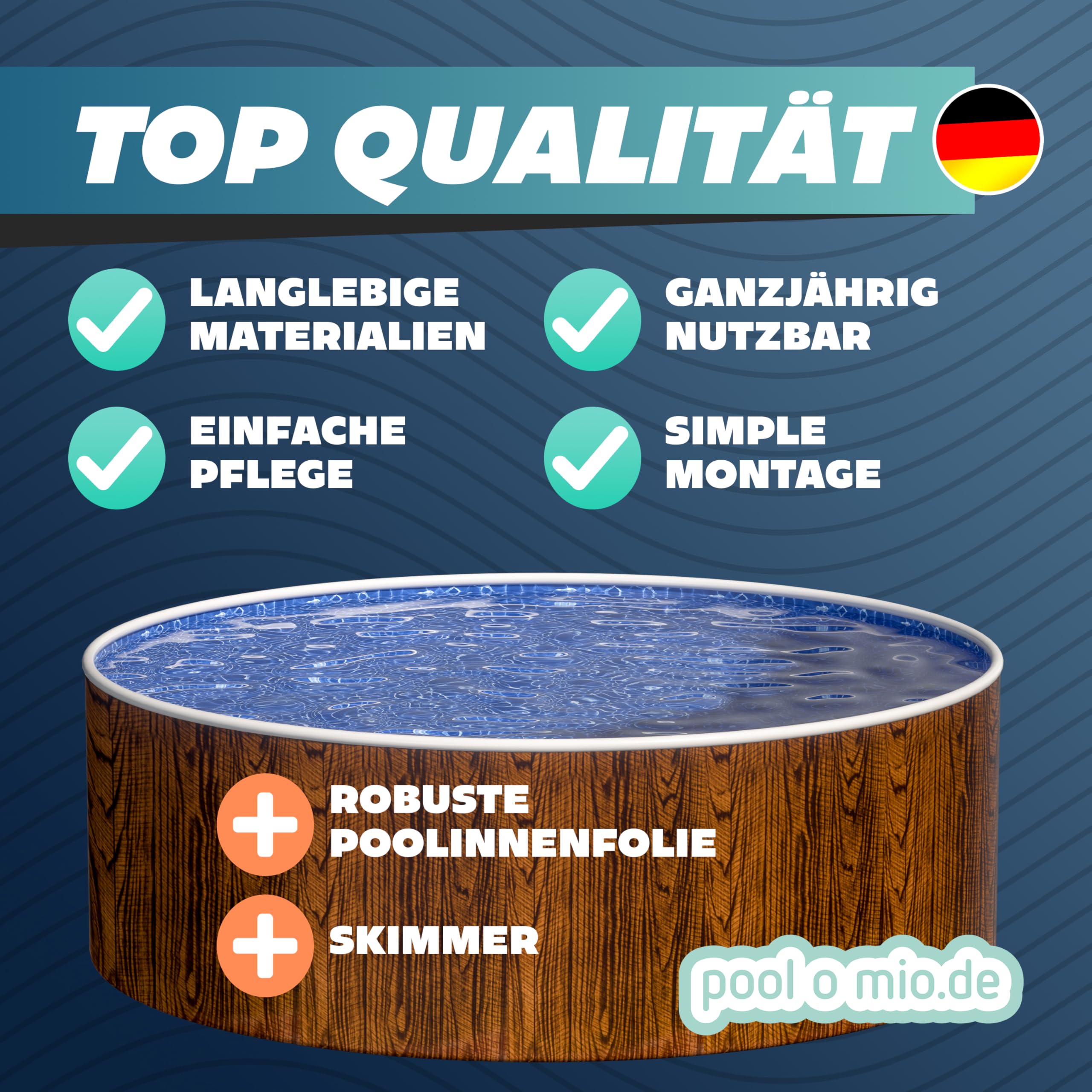 poolomio® Stahlwandpool rund 460 x 120 cm Holzoptik | Robuster Gartenpool als Aufstellbecken oder Einbaupool | Aufstellpool Komplettset mit Innenfolie 0,25 mm, Skimmer & Einlaufdüse