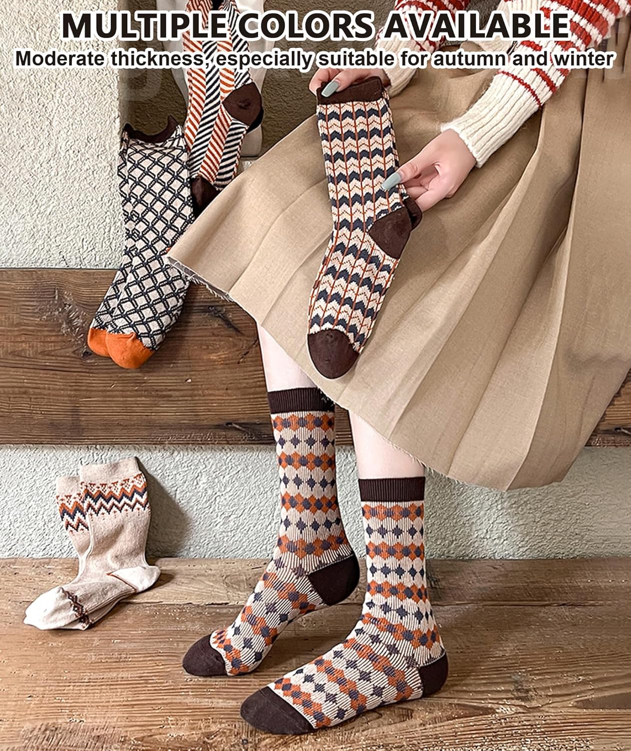 IIG 3-5 Pairs Womens Vintage Cozy Crew Socks Soft Cute Neutral Cotton Socks Exquisite Patterns Socks Gift - Image 6