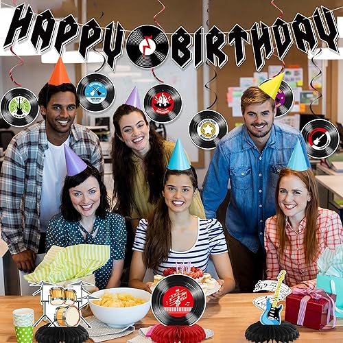 Miniatura 6 de Crenics Decoraciones de cumpleaños de Rock and Roll pancarta de feliz cumpleaños, remolinos colgantes y centros de mesa de panal para suministros de