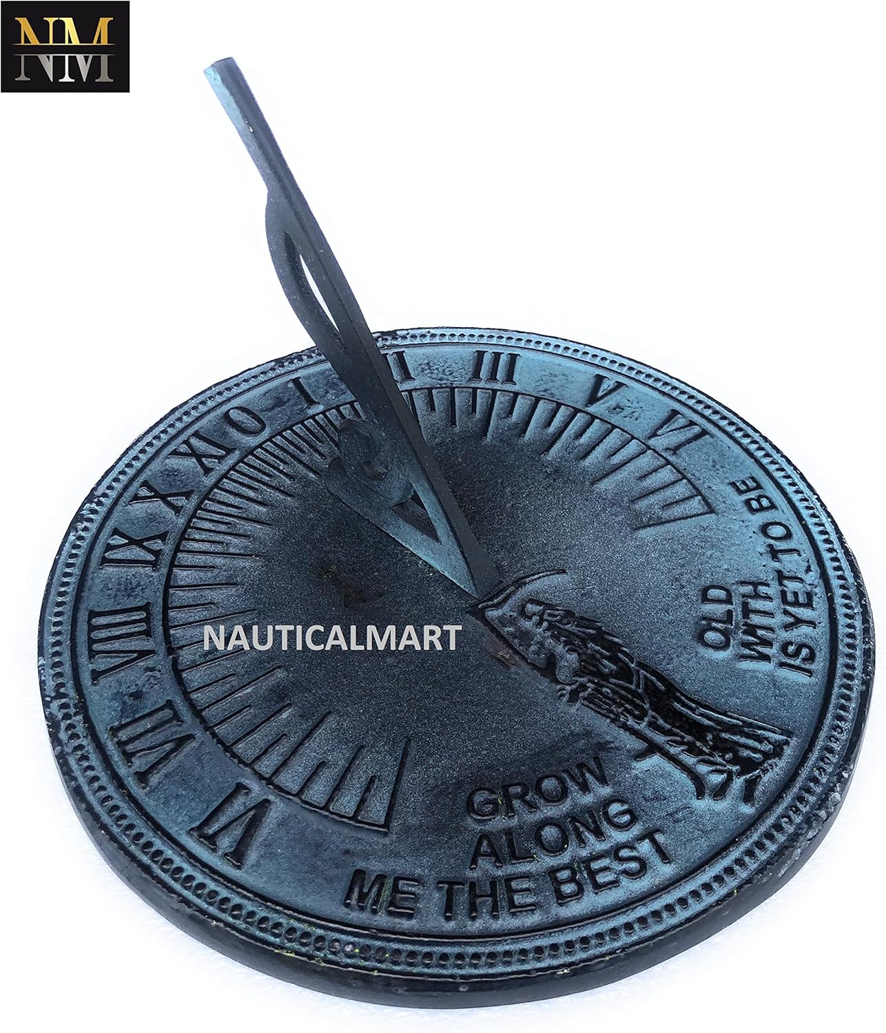 NauticalMart Brass Father Time Sundial with Verdigris Highlights Engraved with Grow Old Along with Me, Wedding for Parents, Grandparents, Couples, for Him or Her