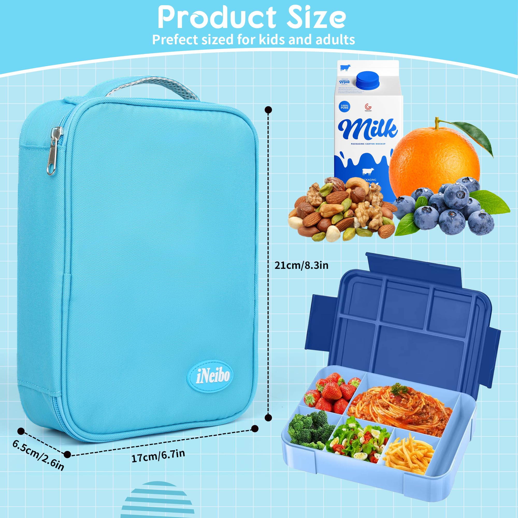 iNeibo Insulated Lunch Box Tote, Oxford Cloth Cool Bag, Water Resistant Thermal Cooler for Kids Adult School Work Picnic Travel - Blue - Image 3