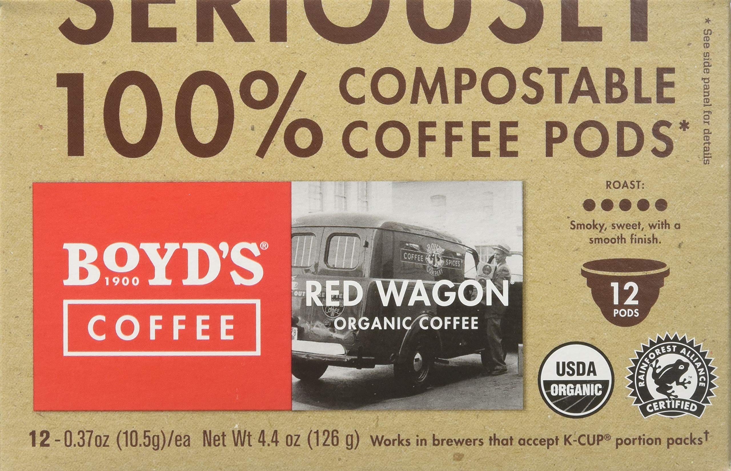 Boyd's Organic Red Wagon Coffee Dark Roast, 12 Count (Pack of 6)