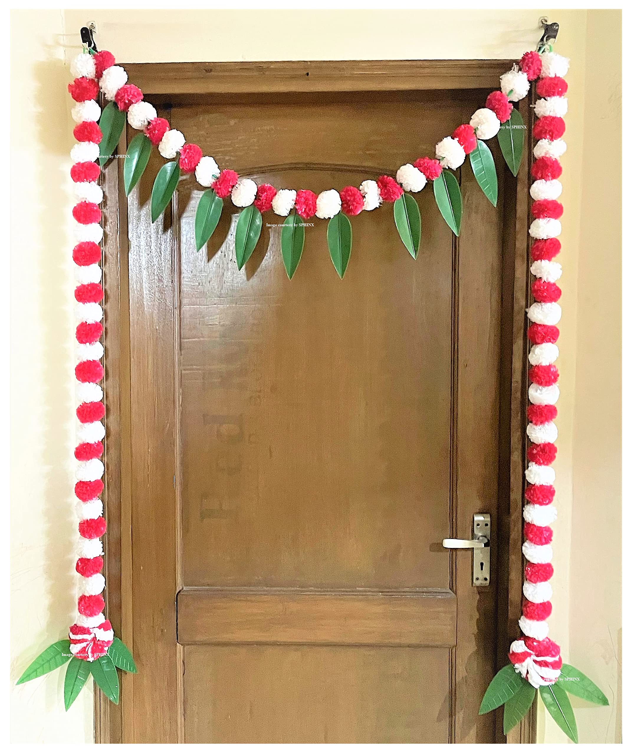 Sphinx artificial fluffy marigold and mango leaves toran for door entrance decoration ( approx.100 x 152 cms)- (SL, White & Red)