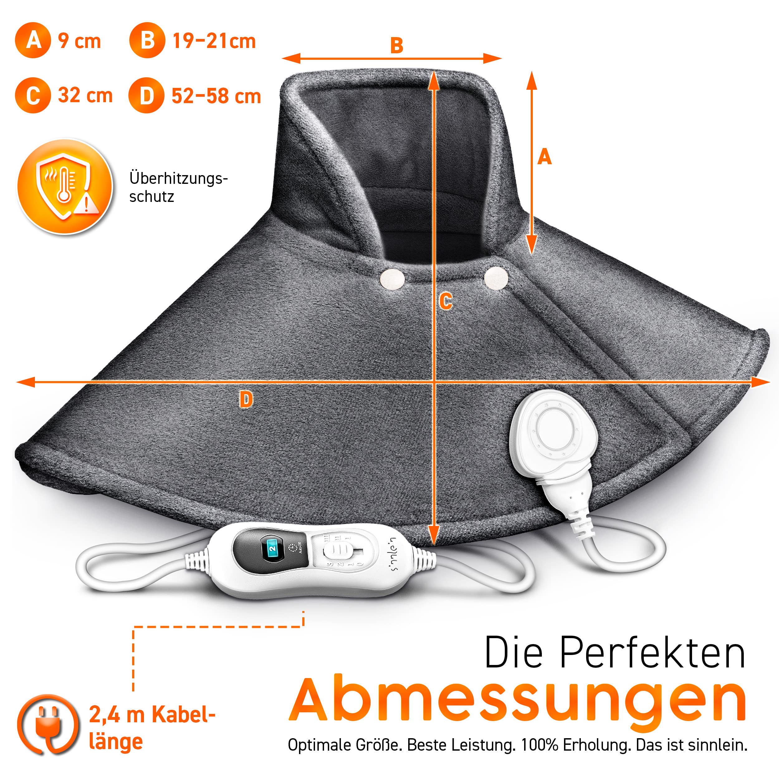 sinnlein Heizkissen elektrisch für Schulter, Nacken und Rücken | Heizcape mit 3 Temperaturstufen & Abschaltautomatik | Wärmekissen mit Abschaltautomatik und 100W