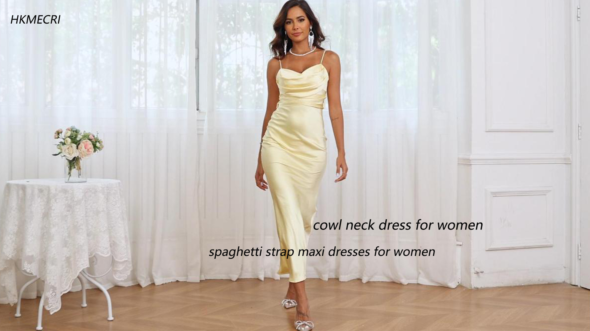 Women's Satin Spaghetti Strap Cowl Neck Backless Midi Wedding Guest Dress  Ruched Sleeveless Tie Summer Dresses Black at Amazon Women's Clothing store