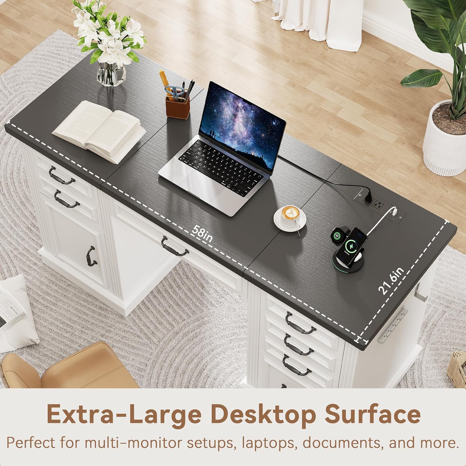 Farmhouse 57" Lift Up Executive Desk with 5 Drawers and Charging Station, Wood Home Office Computer Desk with File Cabinet Storage, Keyboard Tray,Headphone Hook for Work,Study (White+Black)