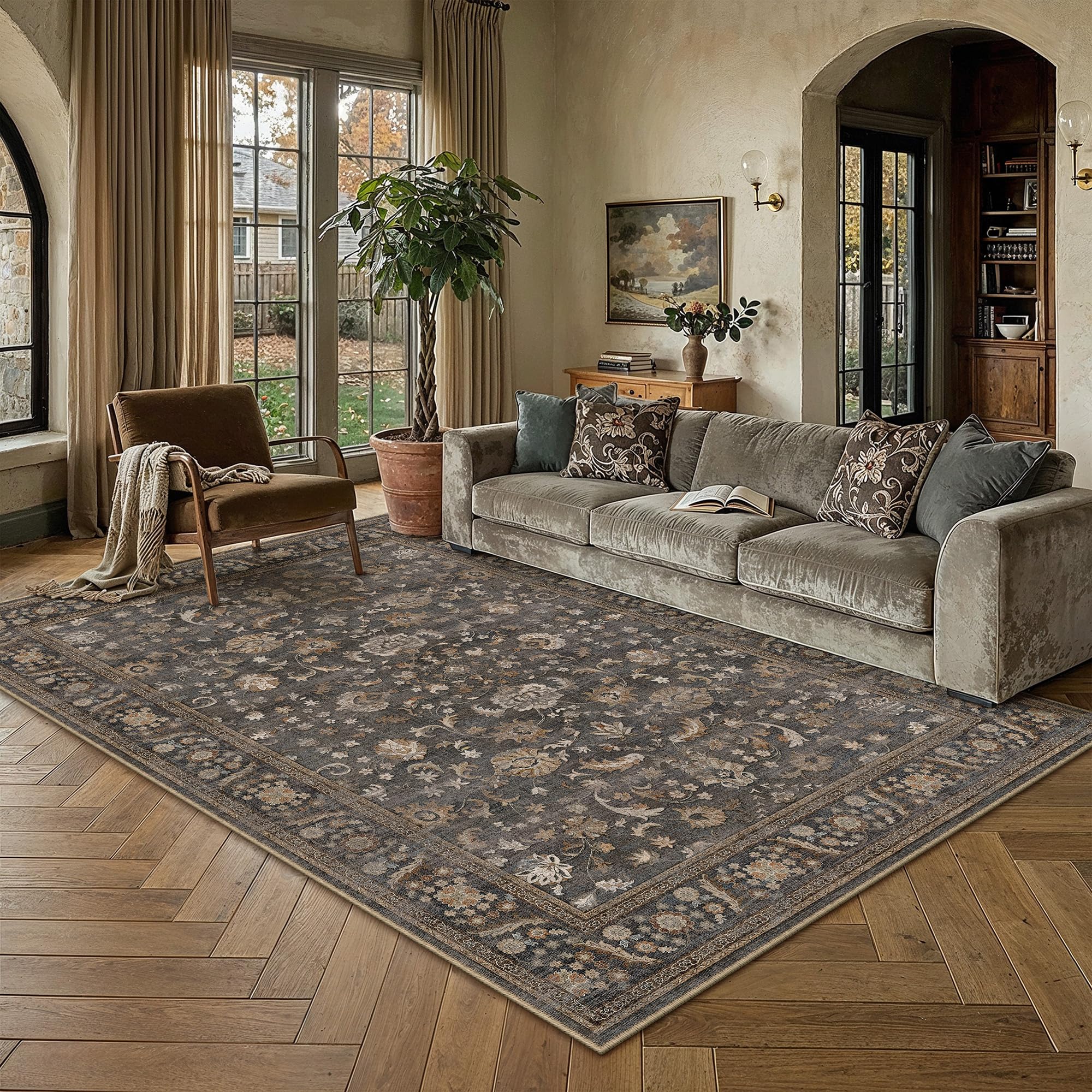 PureCozy Brown Blue Area Rug 5x7 Vintage Floral Distressed