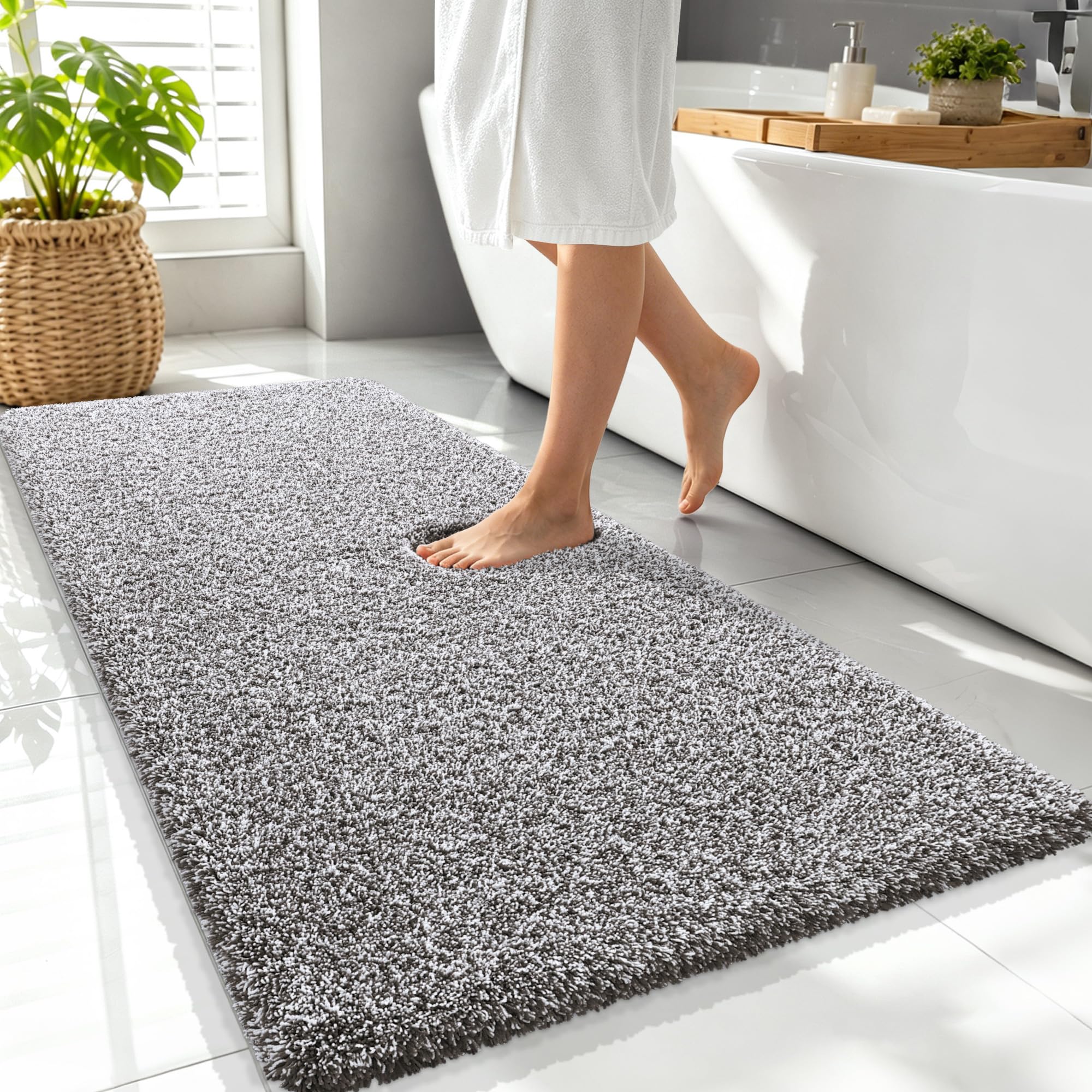 OLANLY Microfiber Bathroom Rugs 47x24, Quick Dry Mat, Dark Brown and White