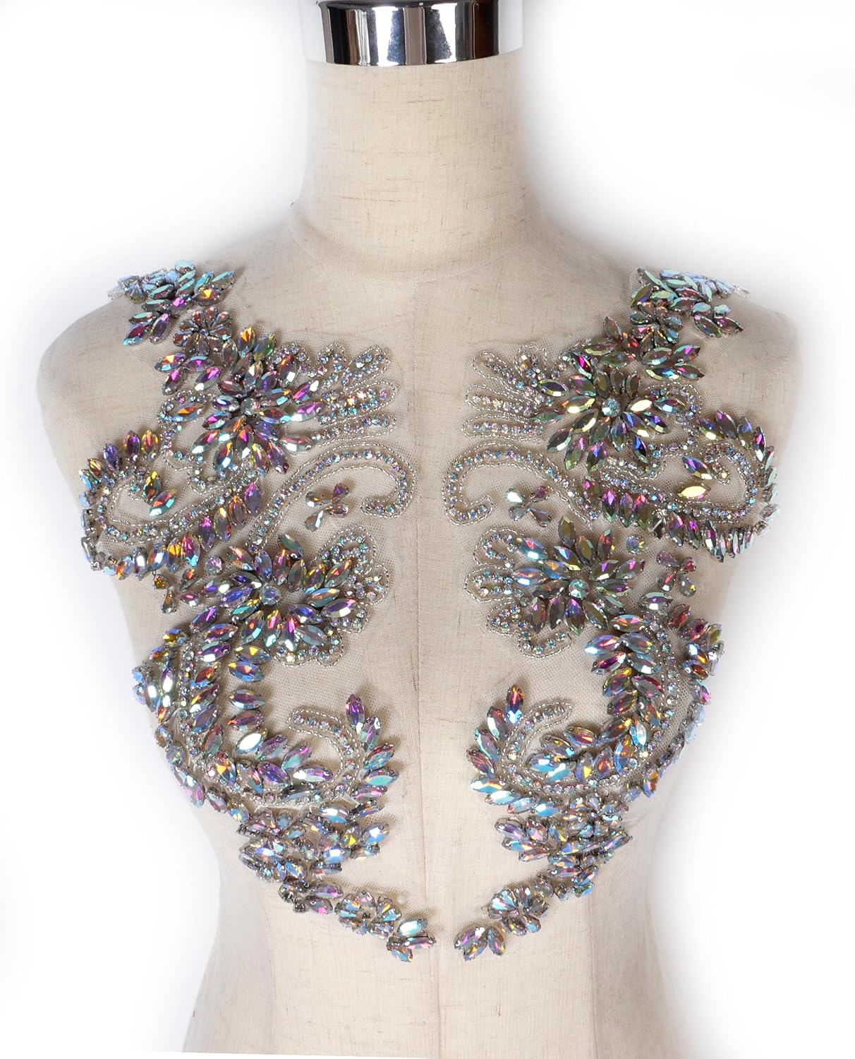 Luxury Look Shiny Rhinestone Pair Applique Patch in Gold Silver champgane AB Color for Prom Dress Belt Arts Crafts Sewing decorat (AB Color)