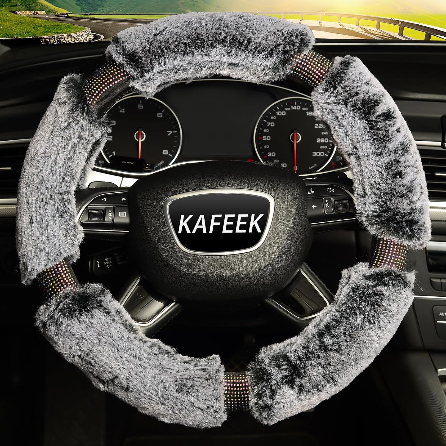 KAFEEK Diamond Fluffy Microfiber Plush Steering Wheel Cover with Bling Bling Crystal Rhinestones for Winter Warm, Universal 15 inch Fuzzy Steering Wheel Cover,Gray