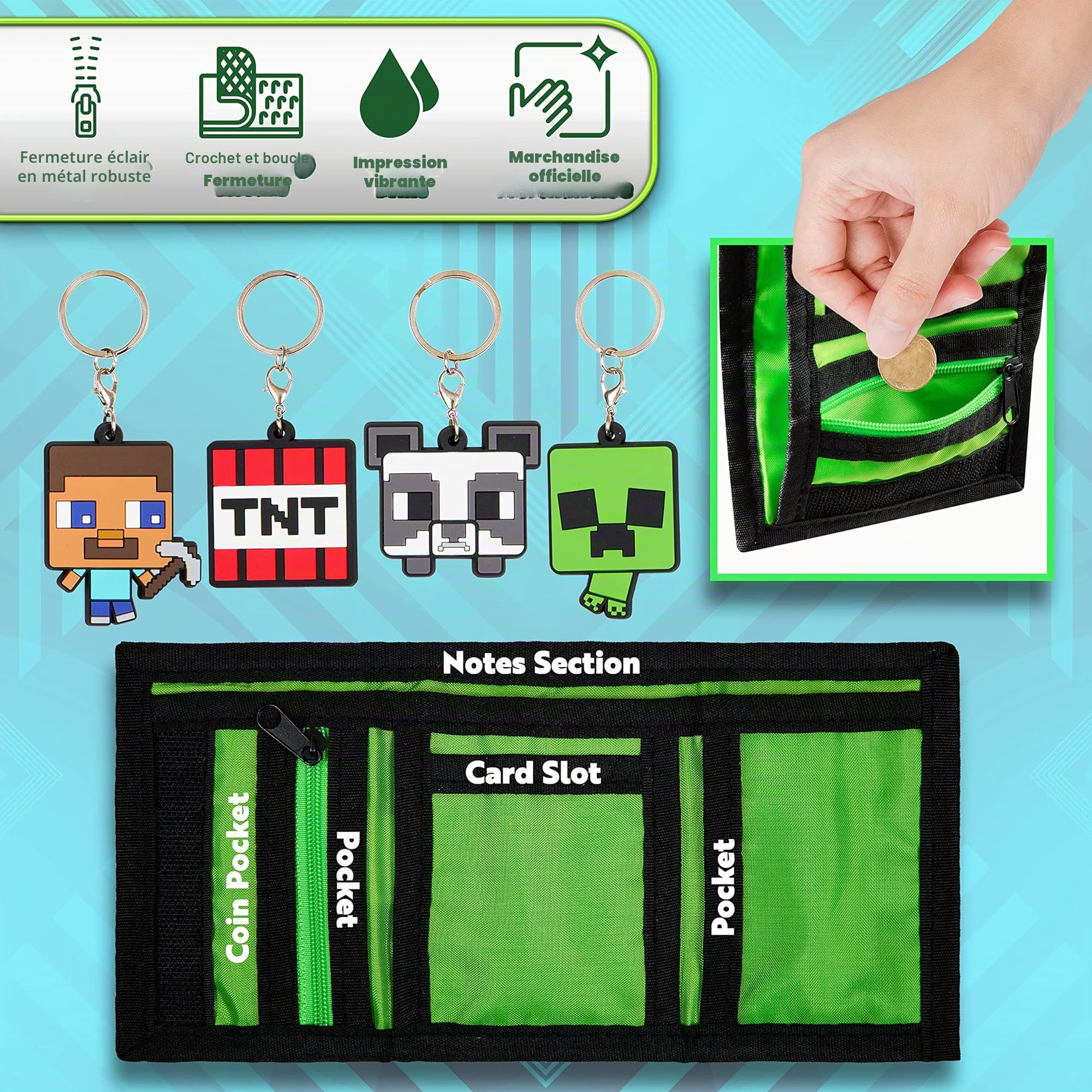 Minecraft Porte Monnaie Enfant Garçon Lot Porte Clé et Portefeuille Scratch Enfant Ado Cadeau pour Gamer Garcon Fille Goodies Creeper Steve TNT