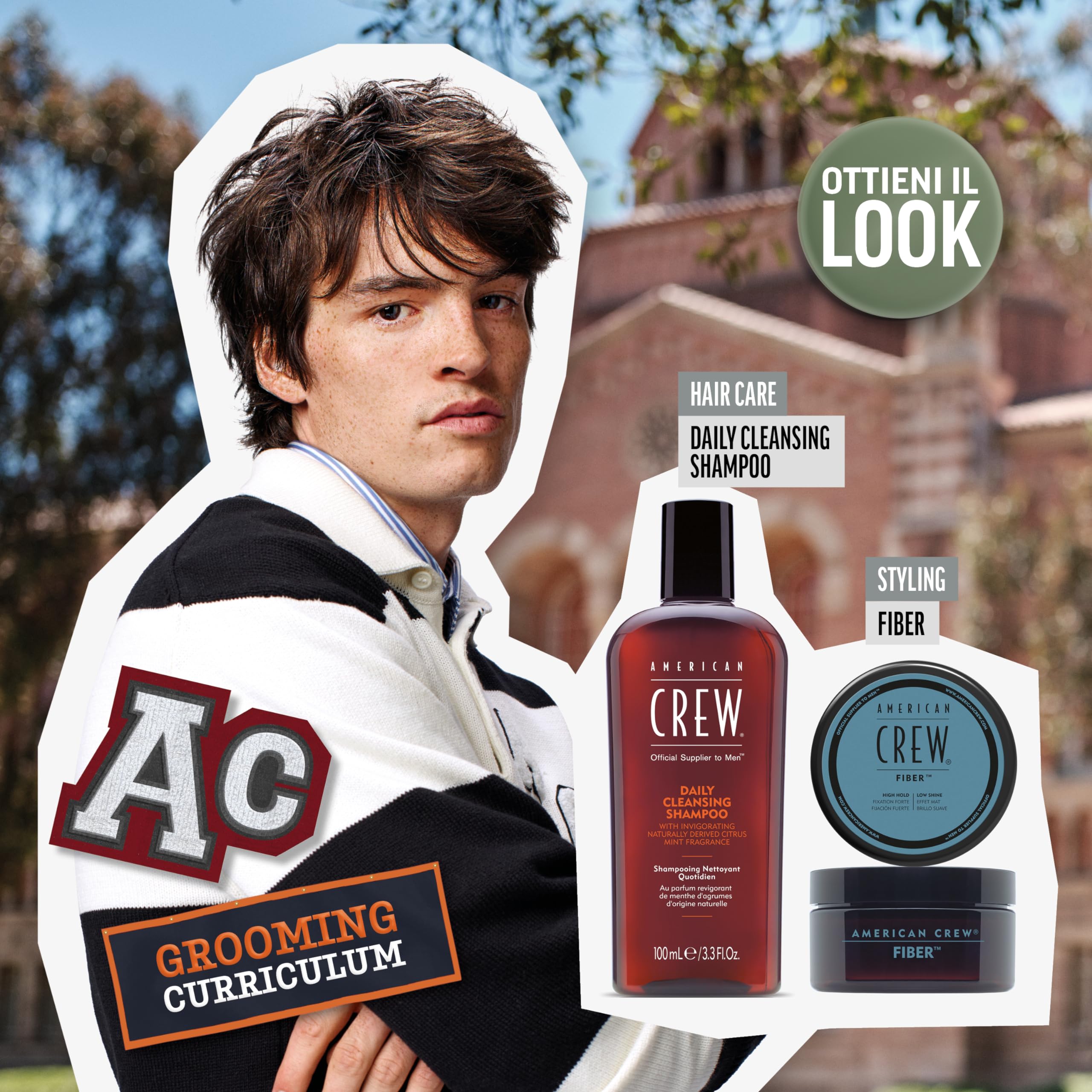 American Crew ON-BOARD TRAVEL KIT, Set Viaggio Cera Capelli & Shampoo, Pochette Regalo + AC Fiber 85 gr + AC Daily Cleansing Shampoo 100 ml