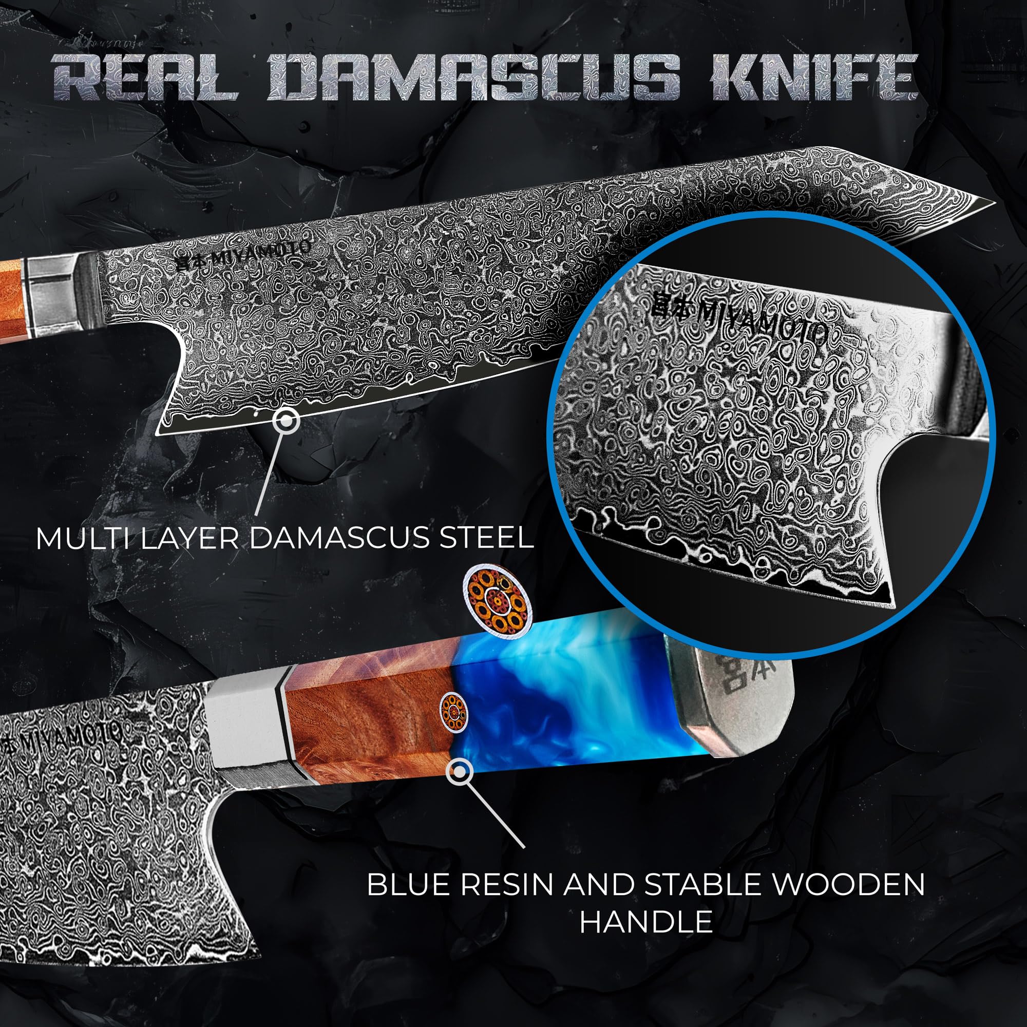 Miyamoto 8-Inch Japanese Damascus Chef Knife, 67-Layer Steel, Ultra-Sharp High Carbon Blade with Resin Handle for Precision Chopping and Carving — Amazon image 2