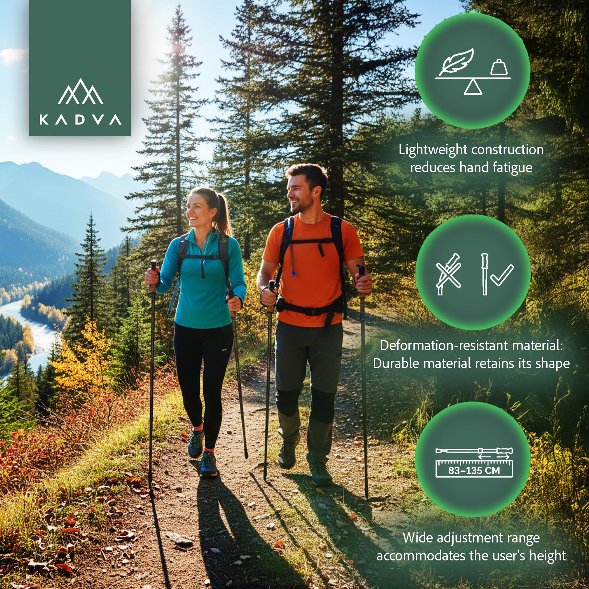 KADVA Bastoncini da Nordic Walking ARUKU in Nero, misura regolabile 83-135 cm Sistema Twist Lock che garantisce stabilità e sicurezza Riduzione delle vibrazioni Punta in acciaio