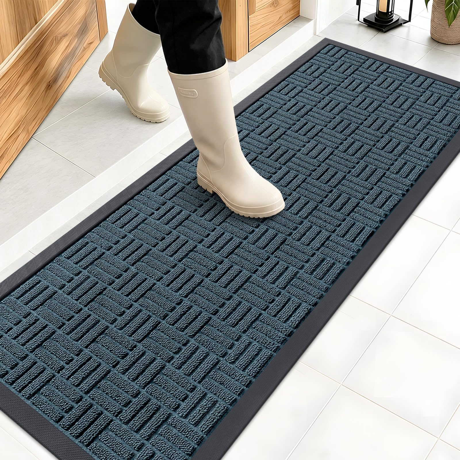 OLANLY Front Door Mat Outside Entrance 47x17, Heavy-Duty Rubber Doormat | Lake Blue, Stain and Fade Resistant, Non-Slip Backing, Low-Profile Indoor Outdoor Floor Mat for Entryway, Easy to Clean