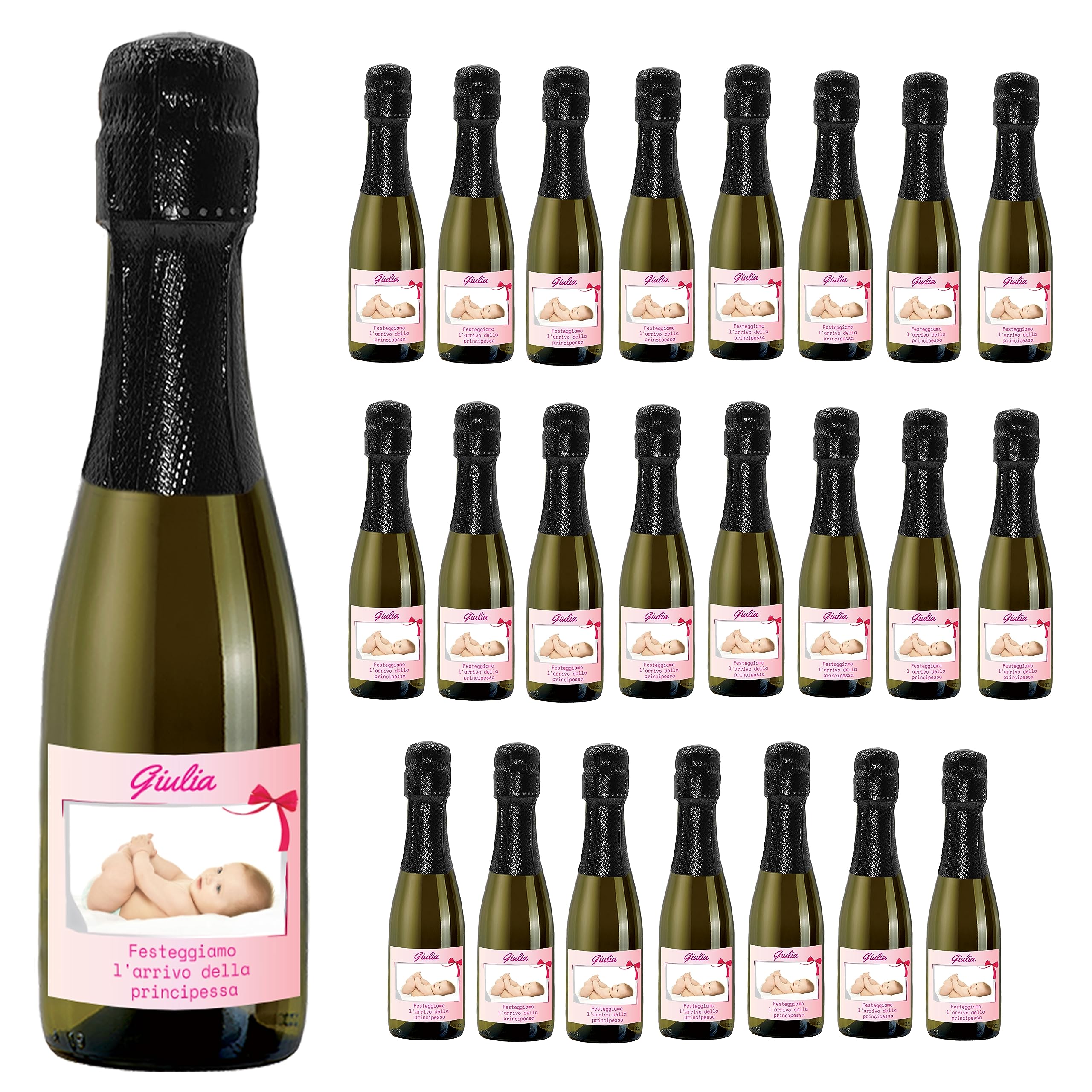 24 Bottiglie mignon di Prosecco DOC Spumante Extra Dry Personalizzato - Idea esclusiva e originale per bomboniere di battesimo (Principessa)