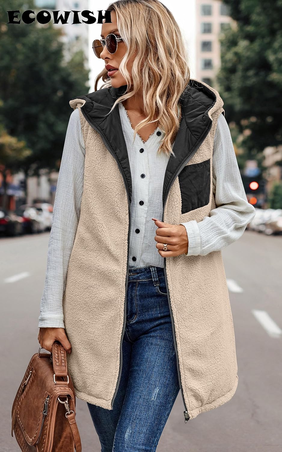 ECOWISH Women Long Puffer Vest: Fall Zip up Reversible Fleece Jacket 2025 Winter Warm Sleeveless Hooded Coat with Pockets
