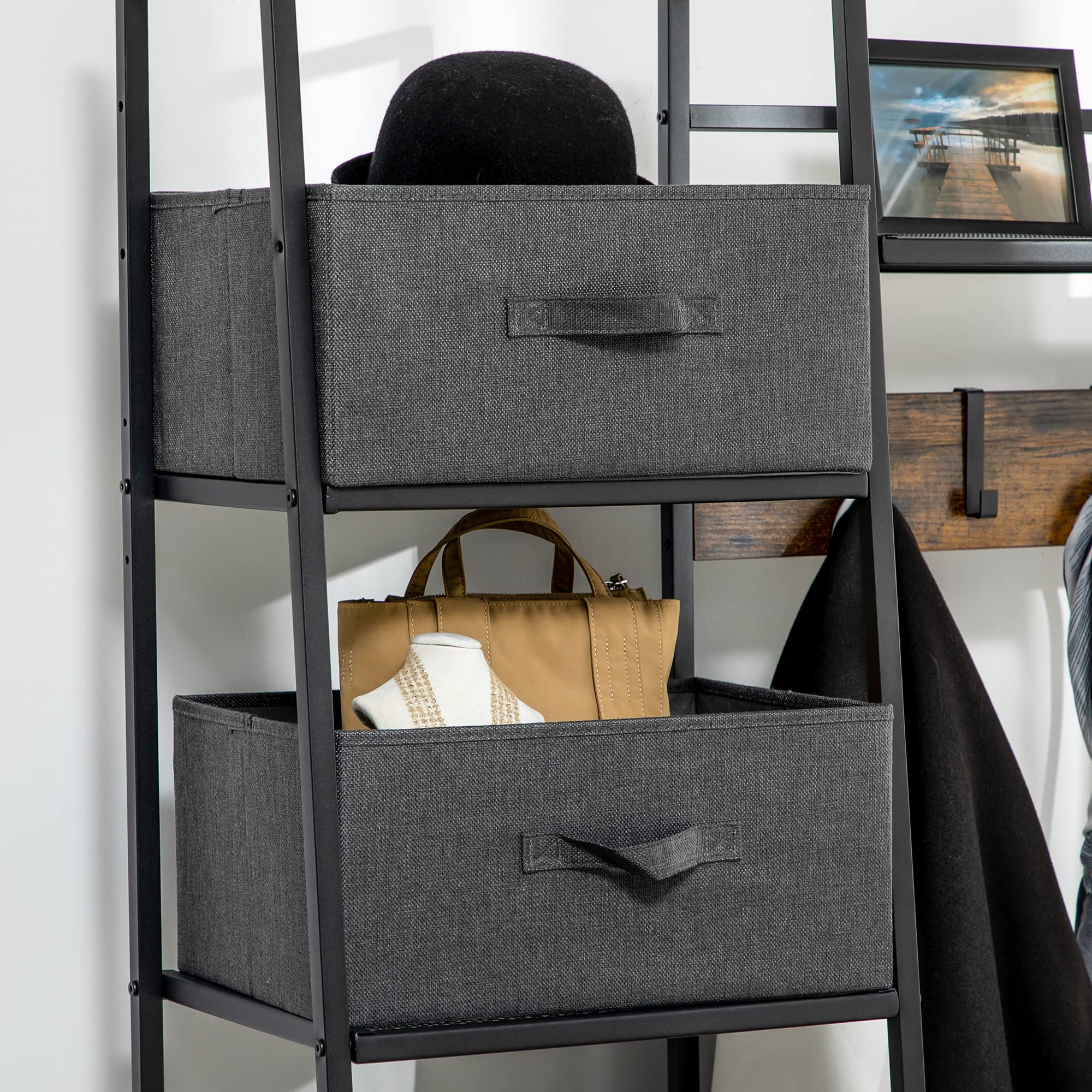 HOMCOM Porte-Manteau Vestiaire 125 x 43 x 185,5 cm Gris Brun Rustique | Meuble d'Entrée Style Industriel, Banc à Chaussures, Étagères, 5 Crochets Détachables, 2 Paniers en Tissu, Acier Bois