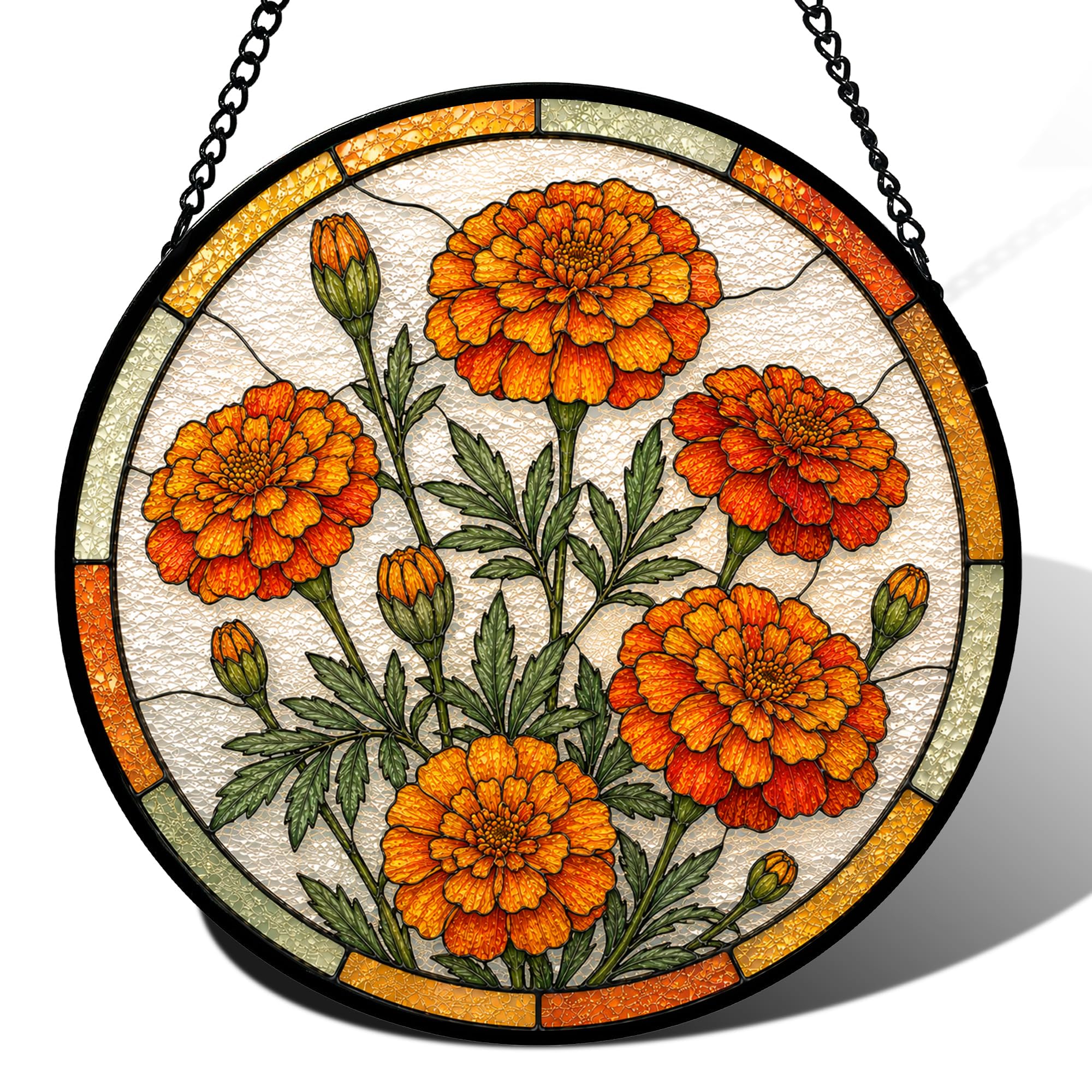 Birth Month Flowers Stained Glass Window Hanging, Sun Catcher for Window, Stained Glass Kit Style Floral Suncatcher, Round Flower Decor for Indoor Window Wall Garden Gift (Marigold)