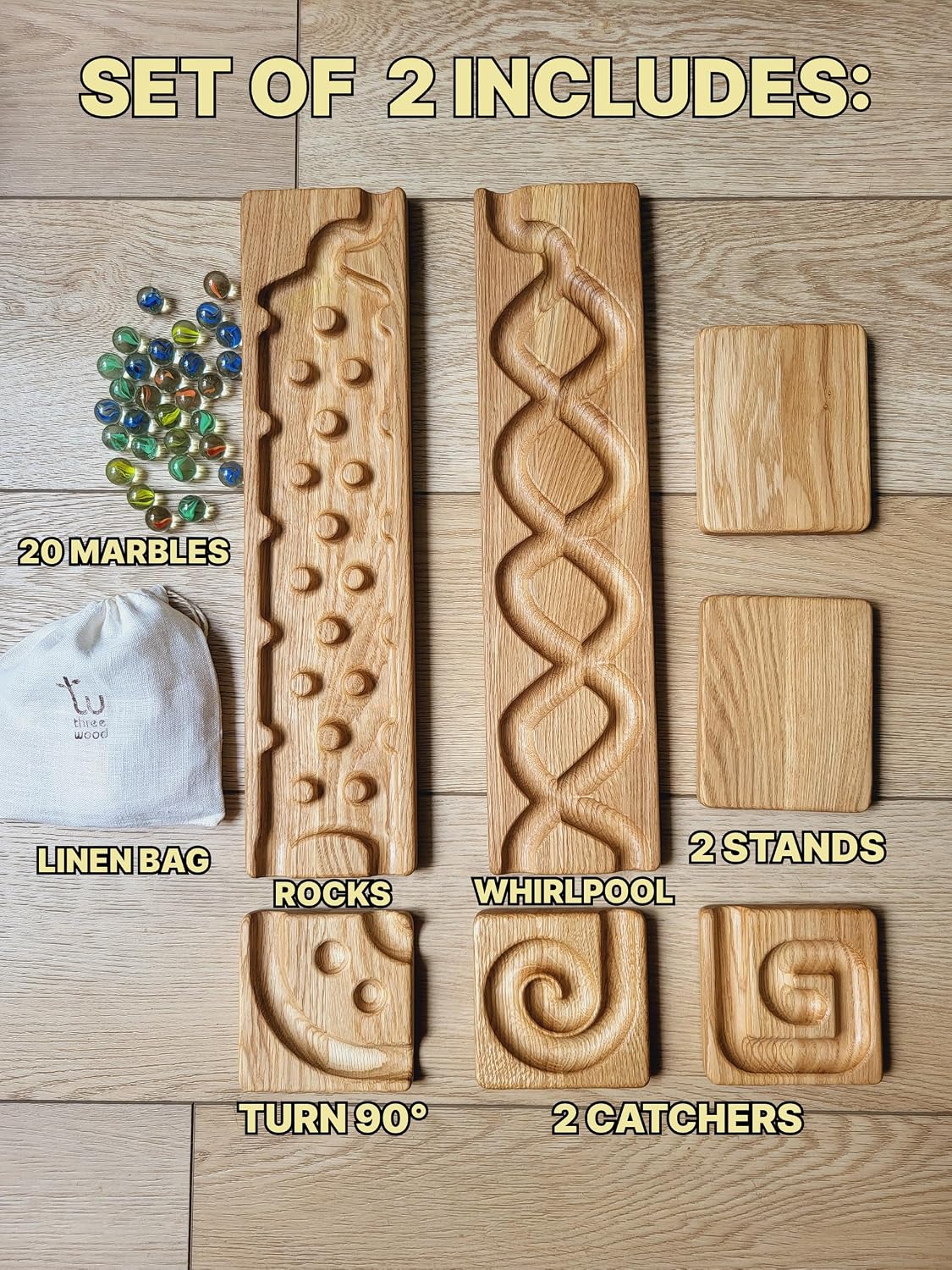 Wooden Marble Run Track Set of 2 Whirlpol+Rocks Race Machine Set Wooden Maze Board Ball Run Montessori STEM Toy Gift for Kids Wave Course Winding Roller Track Game