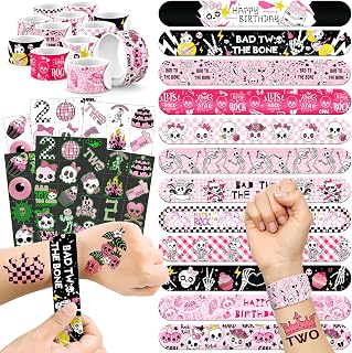 96 PCS Bad Two the Bone Party Favors Set – 72 Pre-Cut Temporary Tattoos & 24 Rock-Inspired Slap Bracelets for Kids, Perfect for Punk Birthday Parties & Classroom Rewards