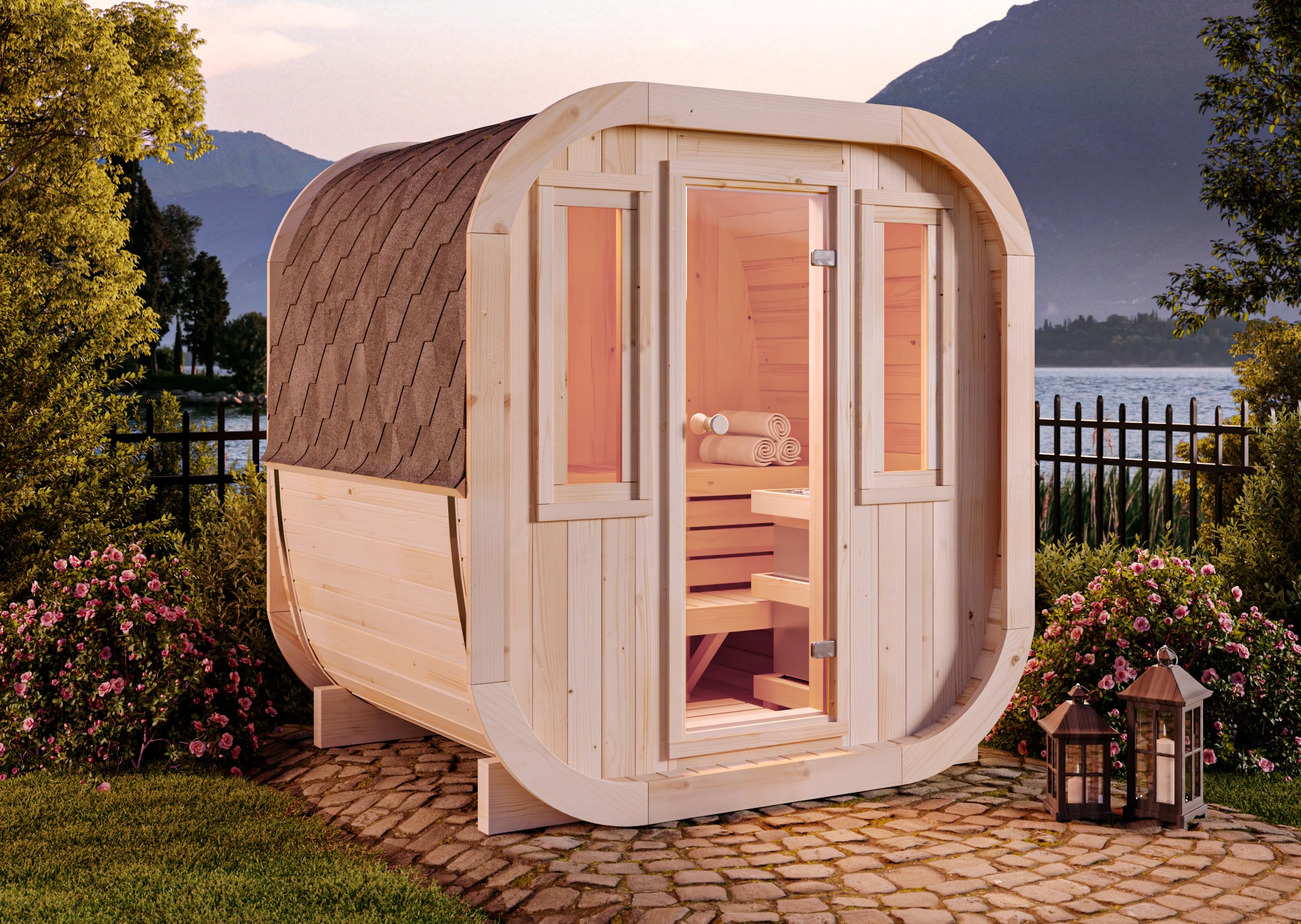 Fasssauna ScandiCube Mini XS Außensauna 42 mm Wandstärke 2 Sitzbänke