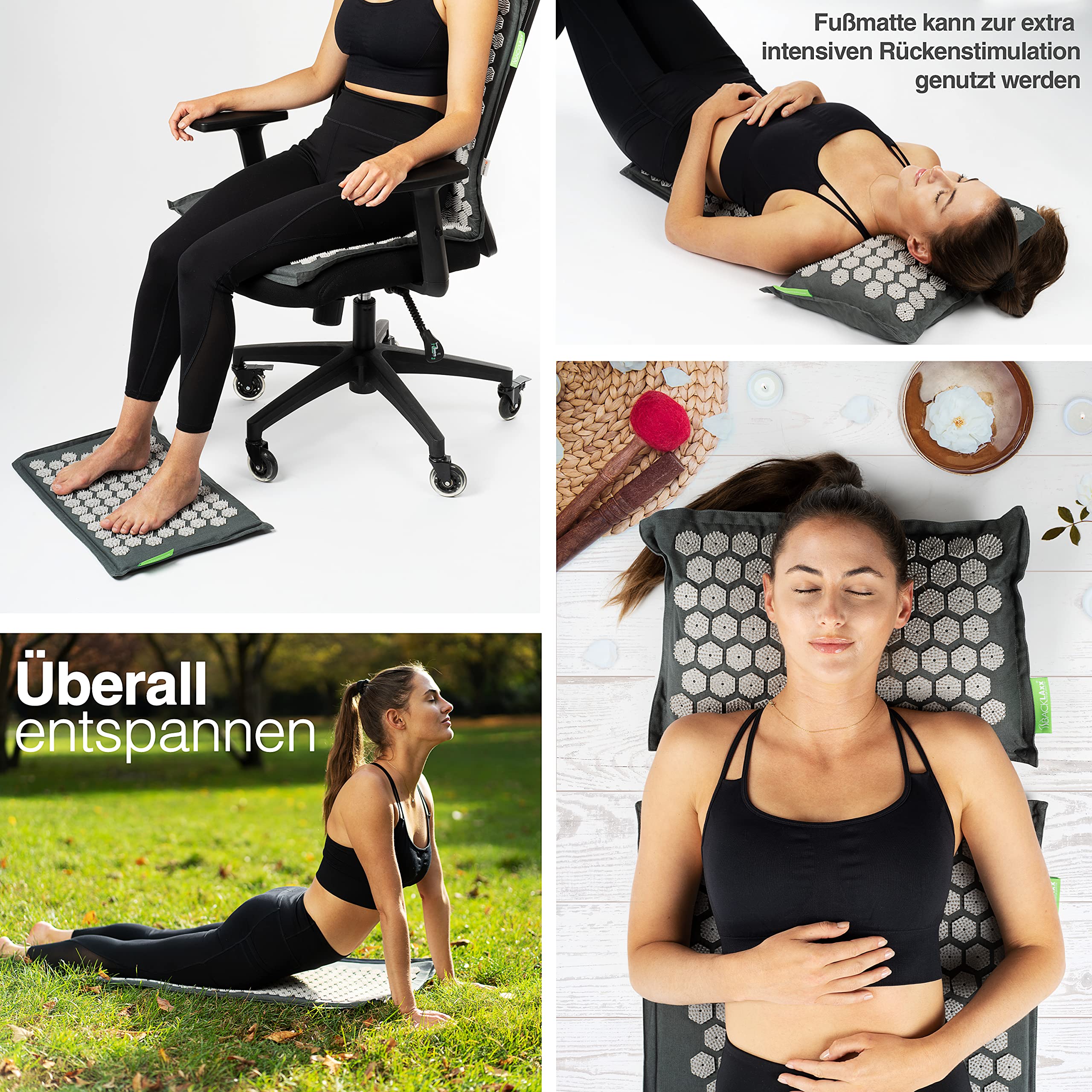 BACKLAXX Akupressurmatte Set mit Kissen, Tuch & Tasche | XL Akupressur-Matte - 120% mehr Fläche | Akupunktur-Matte mit Stacheln zur Massage | Akkupressmatte für Nacken & Schulter | Massagematte Rücken