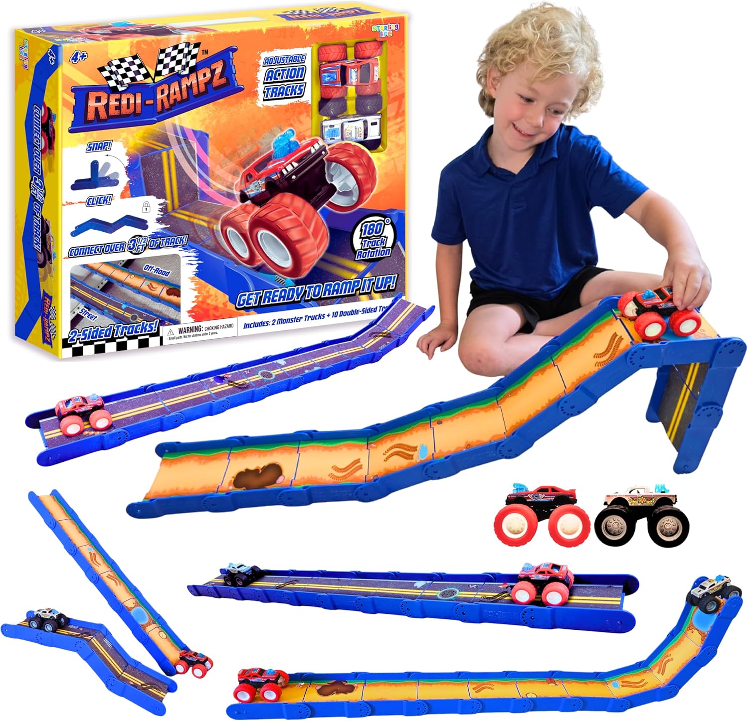 STEM Ramp Builder Set by Redi-Rampz: 10 modular tracks & 2 monster trucks