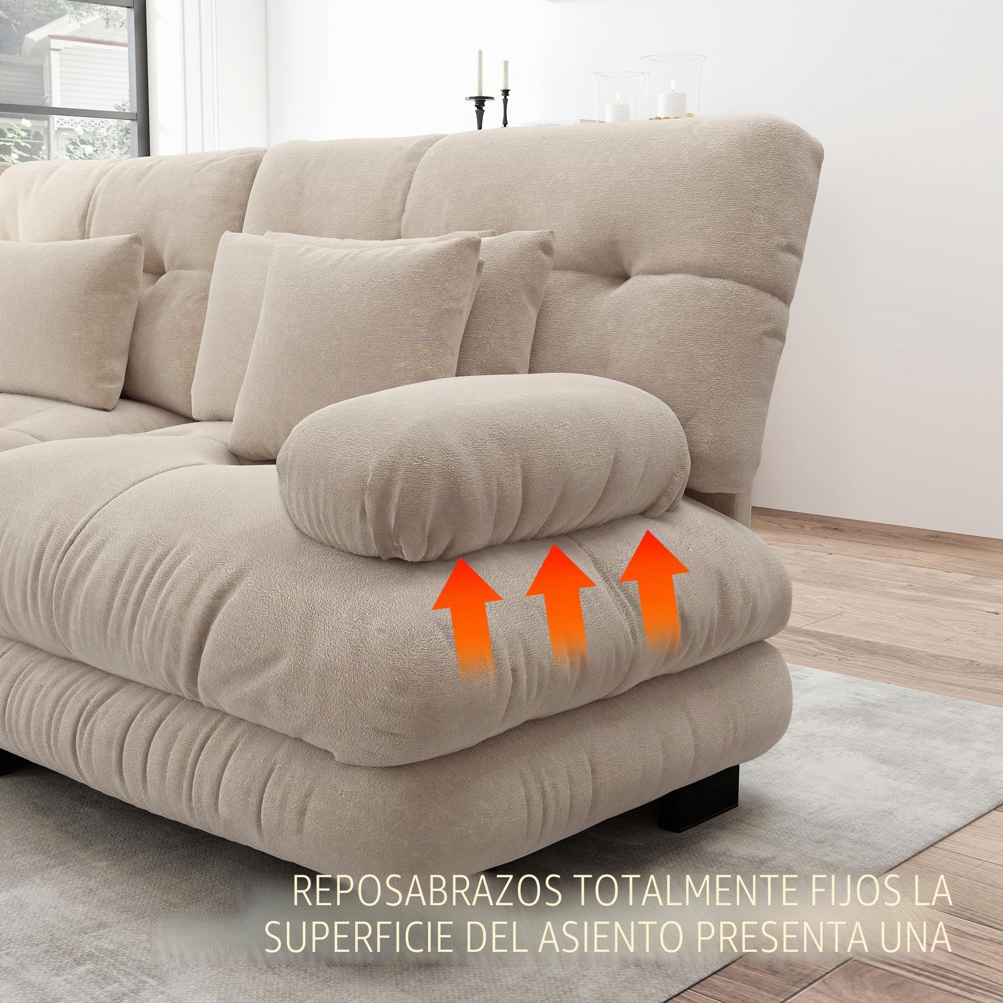Sofá esquinero convertible moderno de 313 cm, sofá grande convertible de 3 plazas con puf para salón, sofá modular profundo con estructura de madera maciza y revestimiento de chenilla, café claro