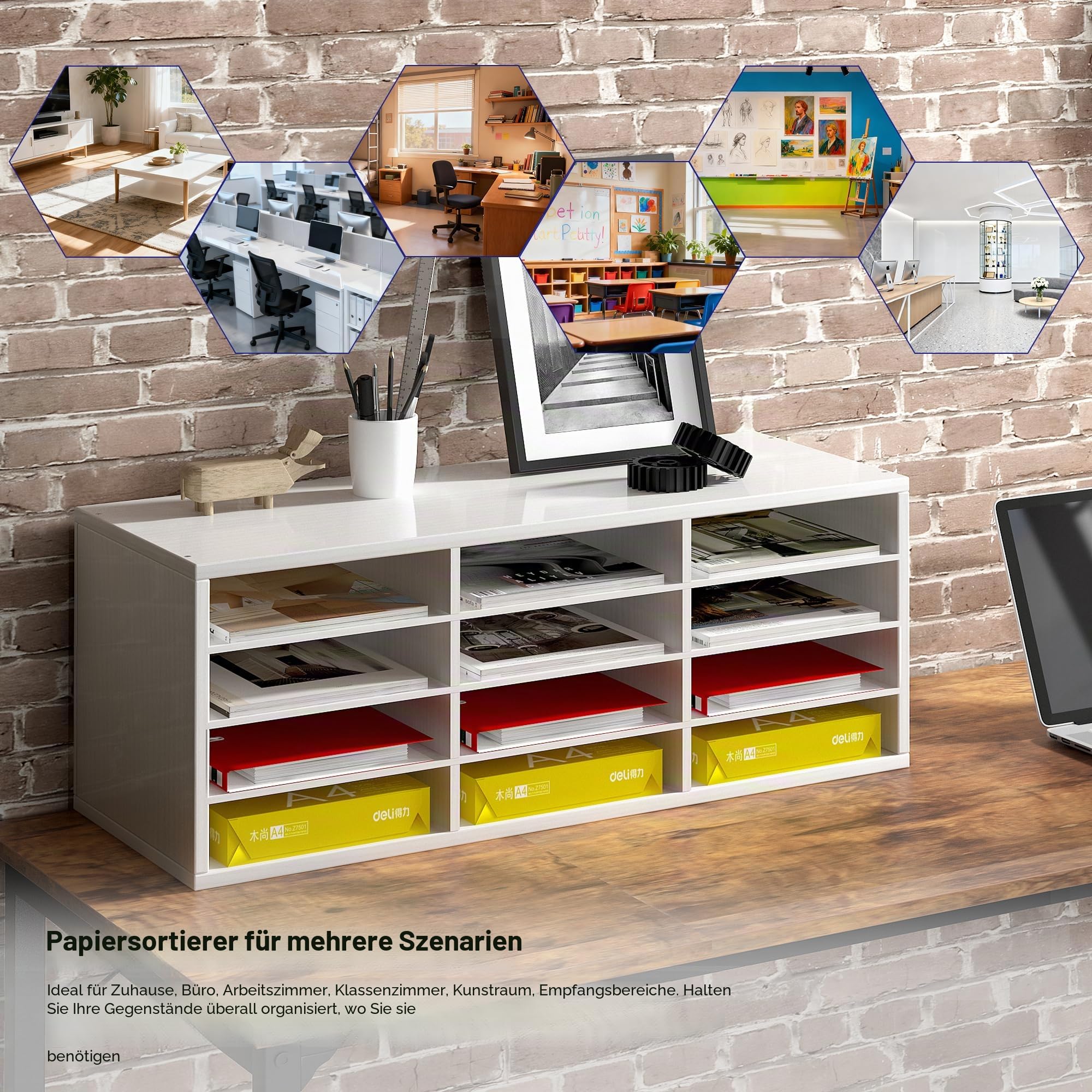 12 Fächer Schreibtisch Ablagefächer Holz, Aktenablage A4 stapelbar,Schreibtisch Ordner Organizer, Büro Briefablage, Halten Sie Ihren Desktop Sauber, Weiß