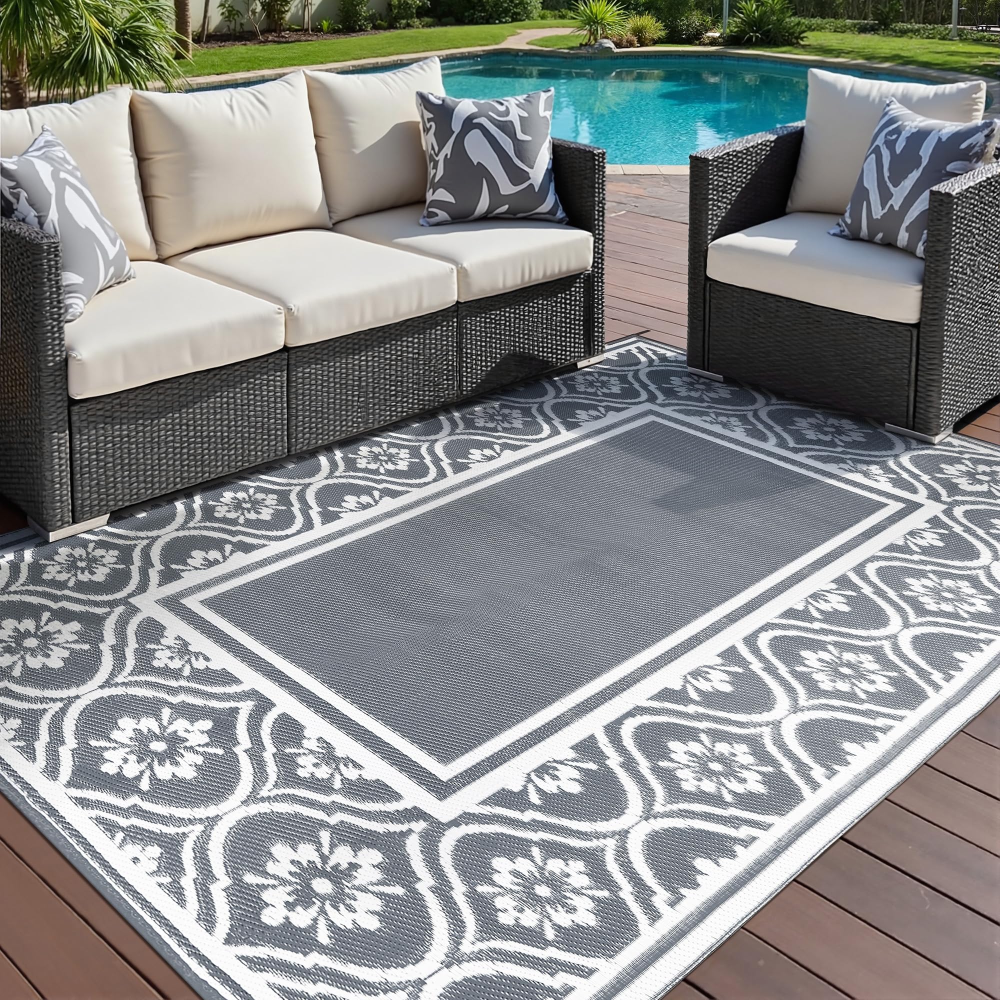 PureCozy Waterproof Outdoor Rug,Large Garden Rugs 180x270cm Reversible Outdoor Carpet Mat,Washable UV Resistant Plastic Straw Area Rugs for Patios,Garden,RV,Picnic,Backyard,Balcony,Grey & White