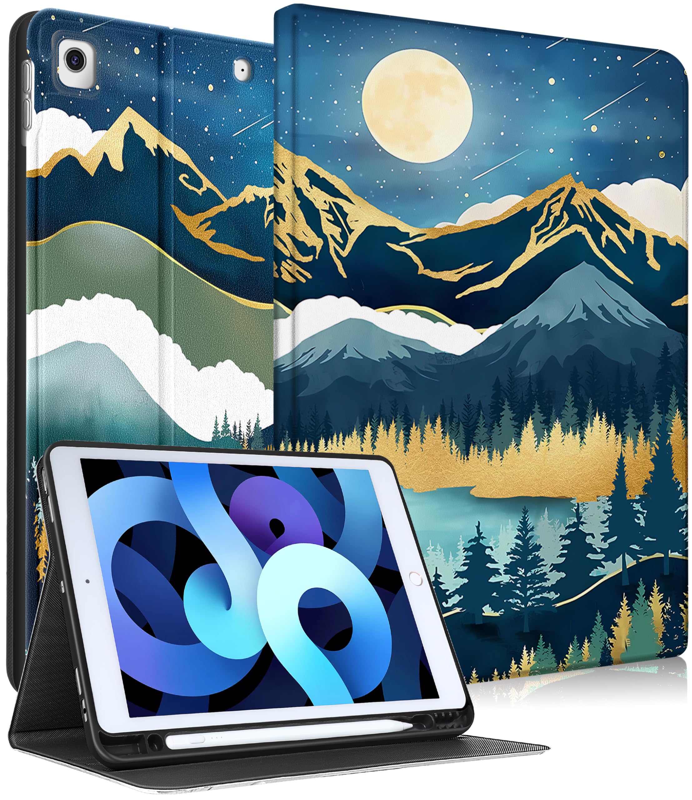 Uppuppy for iPad 9th/8th/7th Generation Case 10.2 Inch Girls Cute Women Folio Smart Cover Pencil Holder Abstract Painting Aesthetic Design Girly Teens