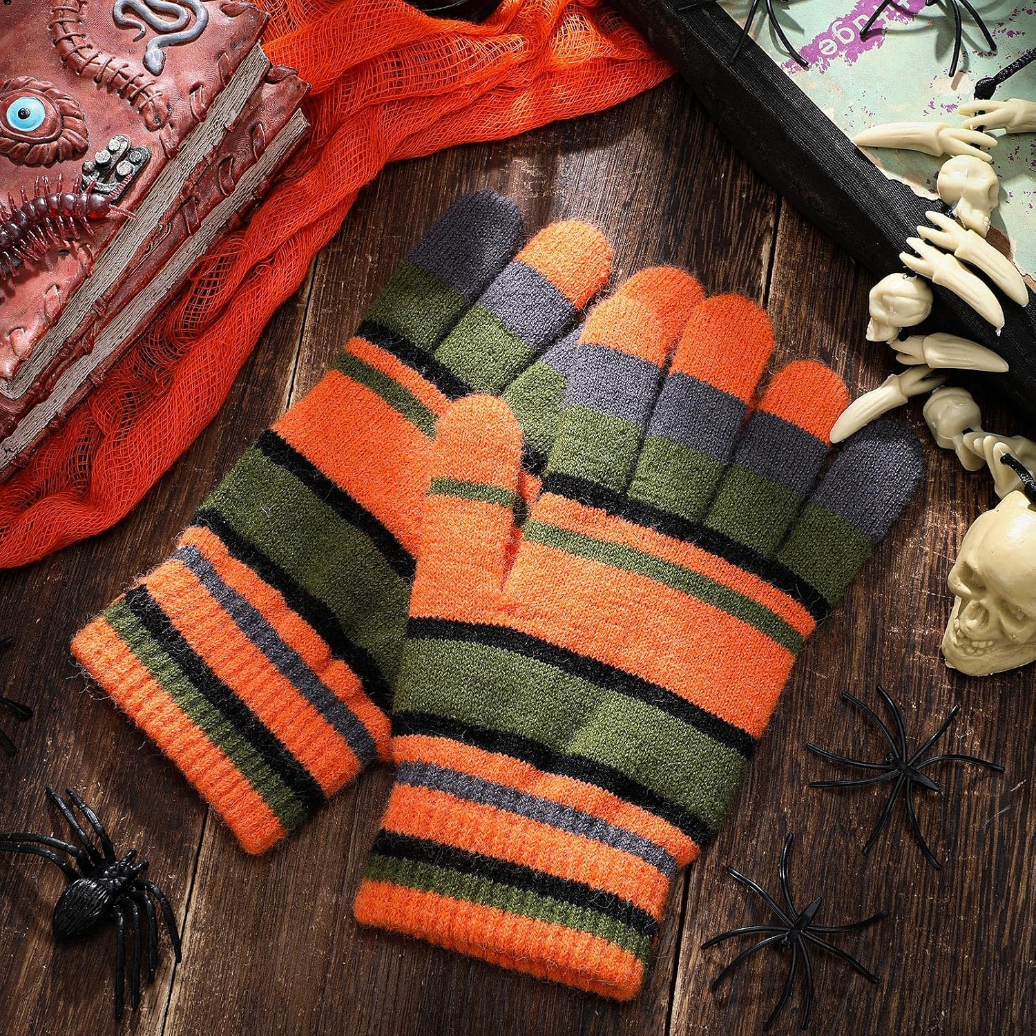 Winter Striped Gloves Orange and Green Warm Gloves Fuzzy Halloween Cosplay Accessories for men women Winter