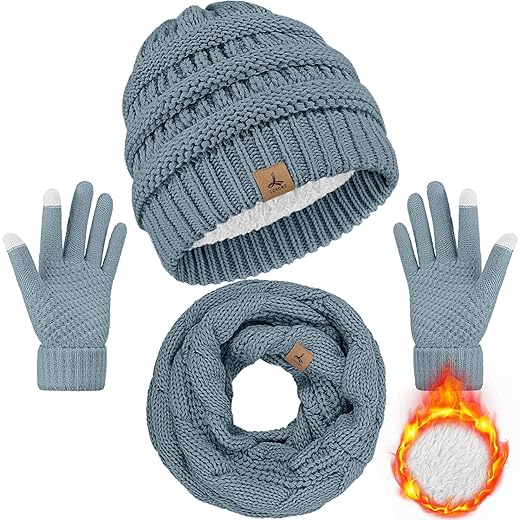Winter Beanie Hat Scarf Gloves, Warm Fleece Knit Winter Hats Touch Screen Gloves Neck Scarf Set Winter Gifts for Women Men
