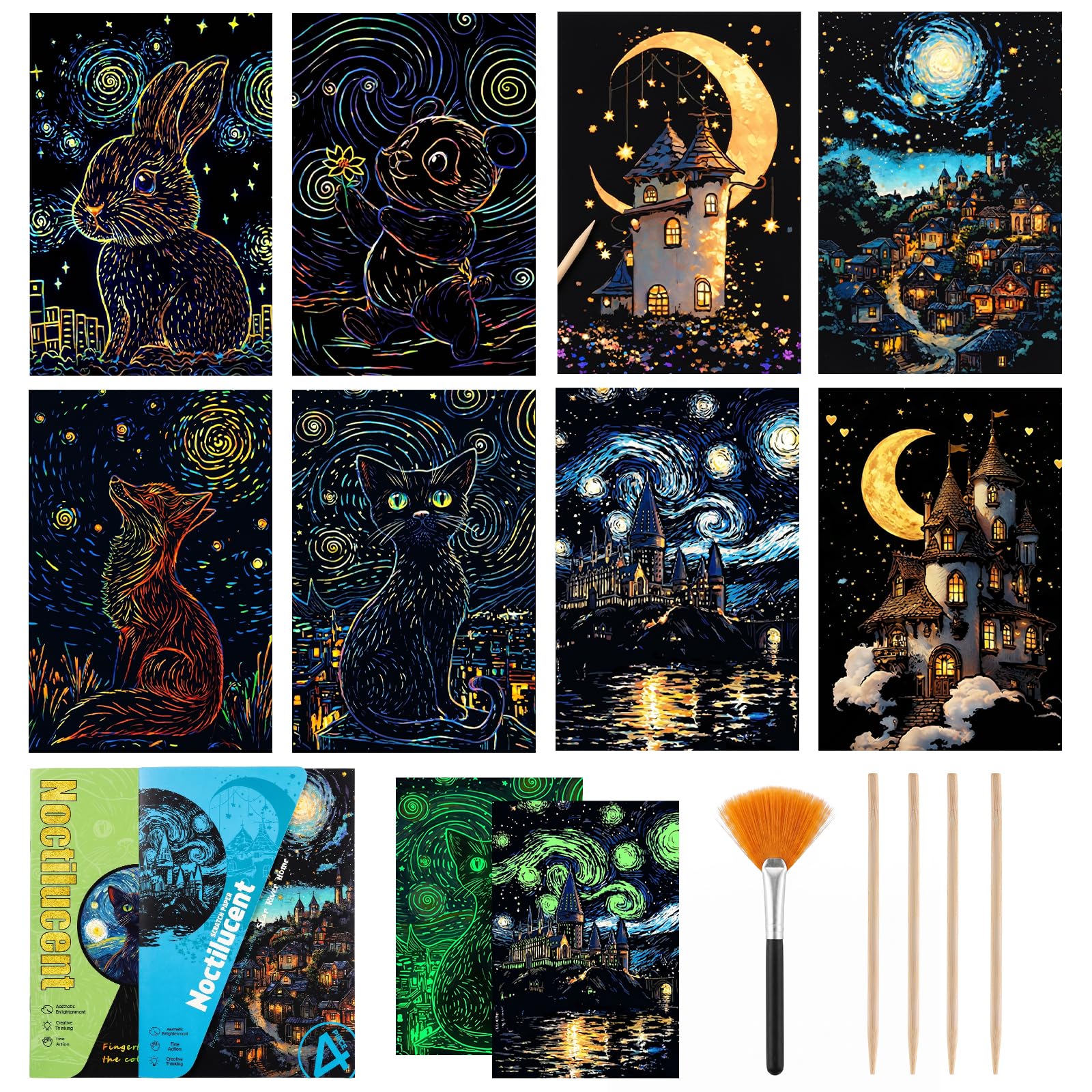 13PCS Night Sky Scratch Art Paper A4 Animal & Fantasy Designs, Rainbow Engraving DIY Art Set with Wooden Stylus and Cleaning Brush, Creative Painting & Drawing for Adults