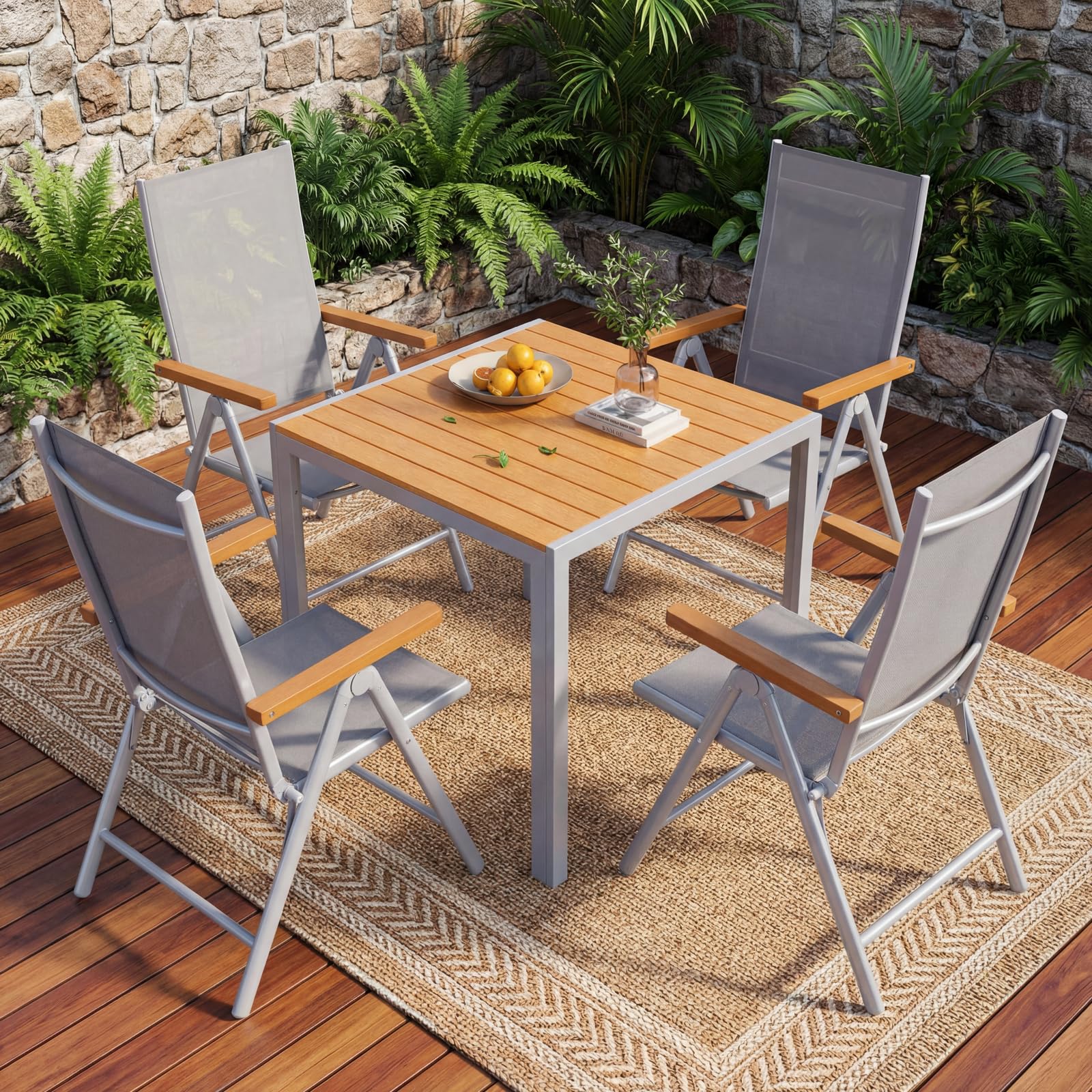 LIFERUN Alu Gartenmöbel Set 5-TLG, Balkonset 4 Stühle 1 Tisch, WPC Gartentisch + 4er Hochlehner Gartenstuhl Klappbar Wetterfest Aluminium Balkonmöbel für Veranden, Terrassen, Teakbraun+Hellgrau5pcs