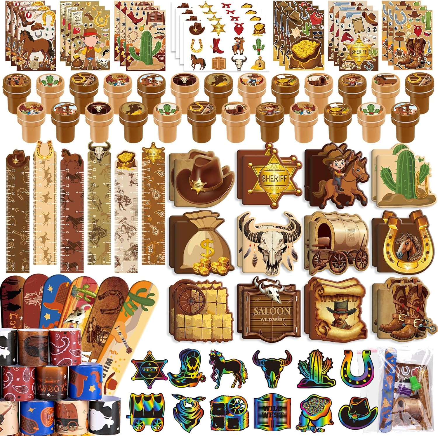 BenLouis 192 Pcs Western Cowboy Party Favors Wild West School Stationery Bulk for Kids Classroom Yee Haw Rodeo Birthday Gift Candy Goodie Bag Fillers Horse Cowboy Decor Pinata Prize Activity Supplies