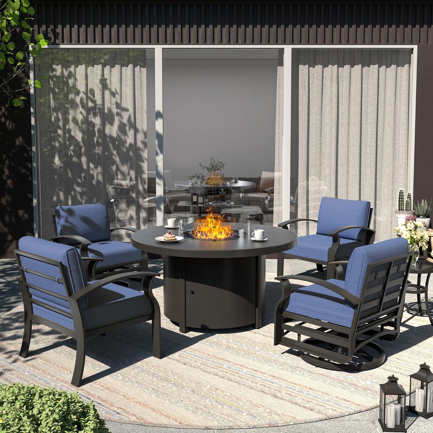 ALAULM Aluminum Patio Furniture Set with 40,000 BTU Round Propane Fire Pit Table 4-seat Metal Outdoor Furniture w/Swivel & Rocking Conversation Set for Patio, Lawn, Poolside（DarkBlue