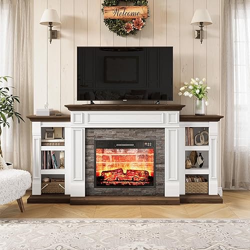 LGHM 72" Electric Fireplace with Mantel, Fireplace TV Stand for TVs Up to 80 Inch, Farmhouse Entertainment Center with Storage, Realistic Stacked Stone Surround with Remote Control for Living Room