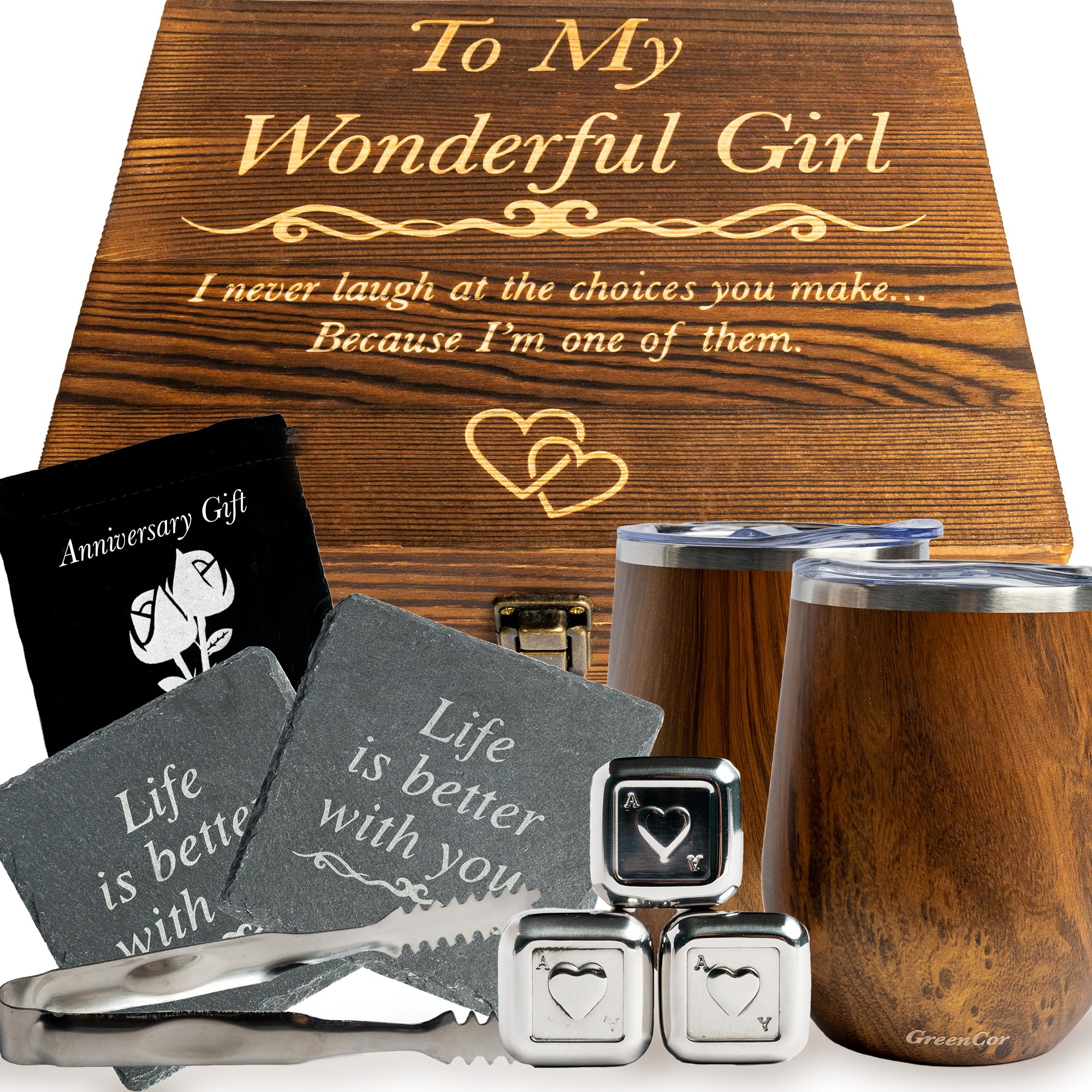 Aniversario para ella, cumpleaños para novia, esposa, juego de vasos de vino grabados "To My Wonderful Girl", regalos de cumpleaños para ella, aniversario de boda, juego romántico para el día de San