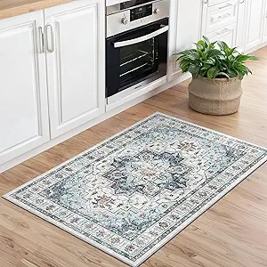 Madane Washable Area Rug 2x3, Small Entryway Rug Non-Slip Vintage Door Mat Indoor Entrance, Low Pile Floor Carpet for Inside Front Door Bedroom Kitchen Entry Laundry (2'x3', Blue)