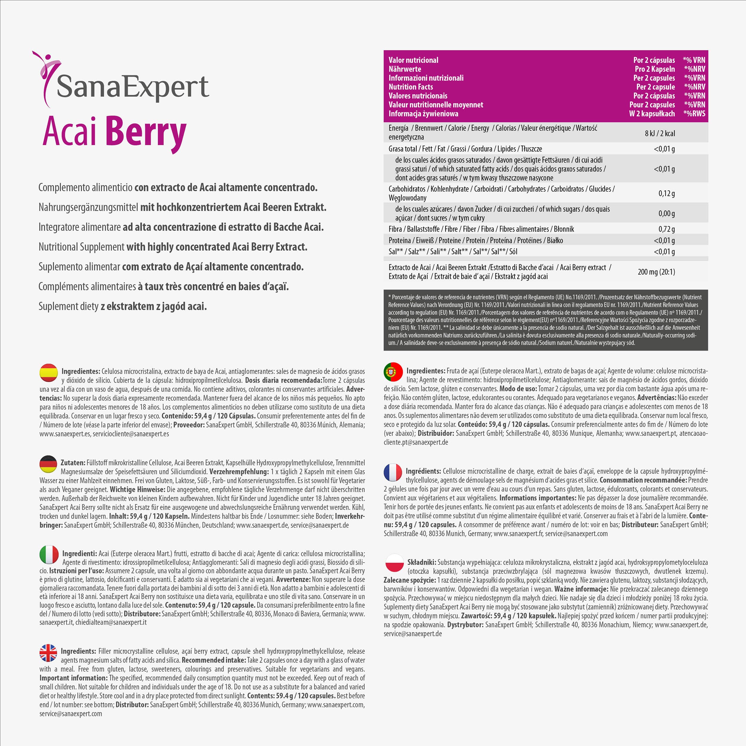 SanaExpert Acai Berry - Superaliment & Antioxydant Naturel - Extrait de Baies d'Açaï Pur - Complément Alimentaire en Gélules - Vegan - 120 Capsules