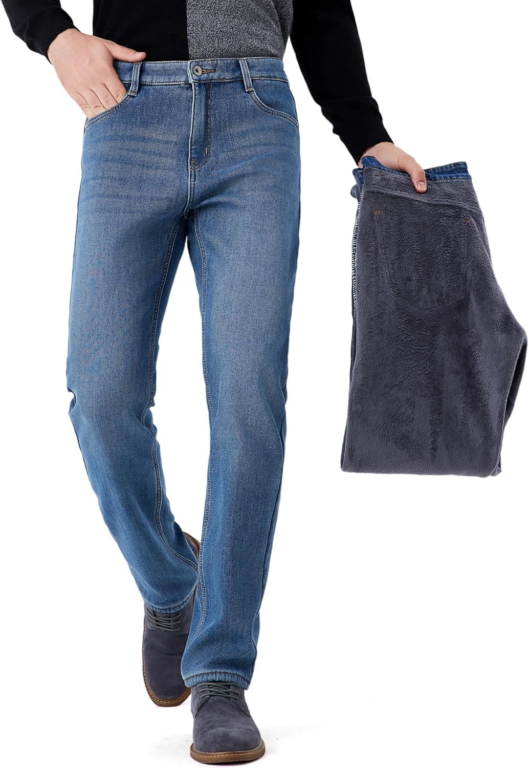 Thermal Stretch Jeans for Men Fleece Lined Winter Pants Regular Fit Business Casual